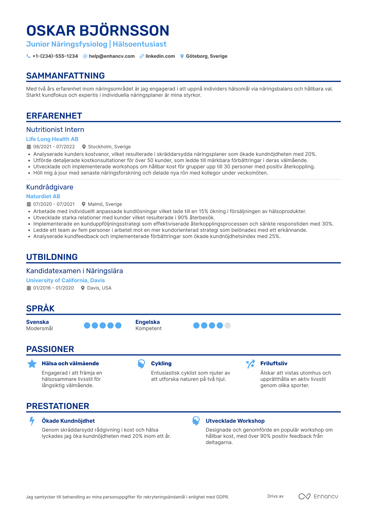 CV för Junior Näringsfysiolog Resume Example