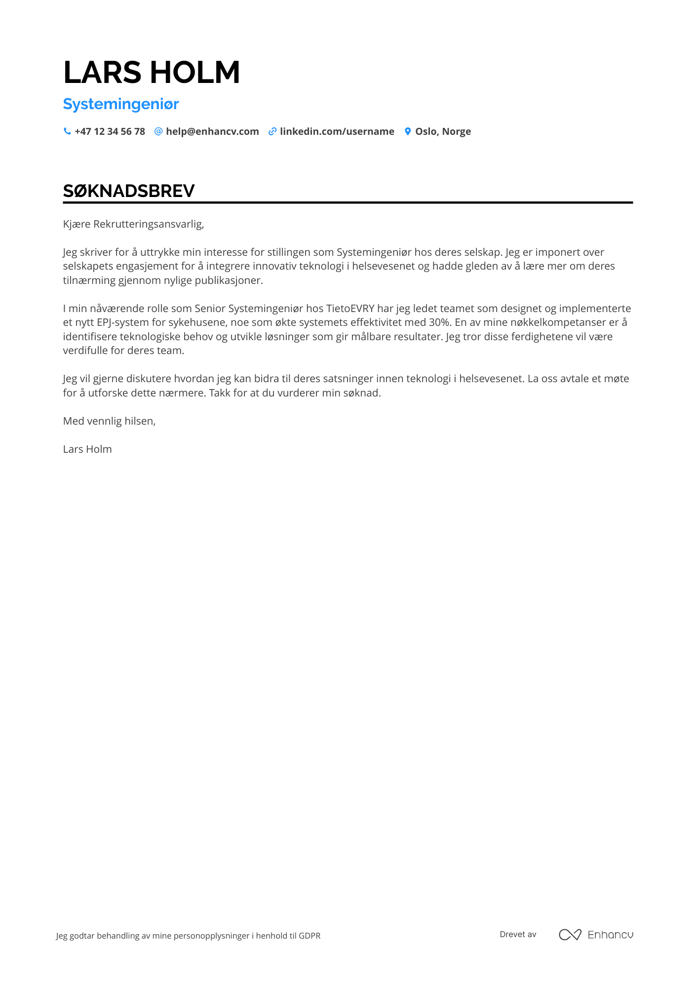 Søknadsbrev for Systemingeniør i helsevesenet Resume Example