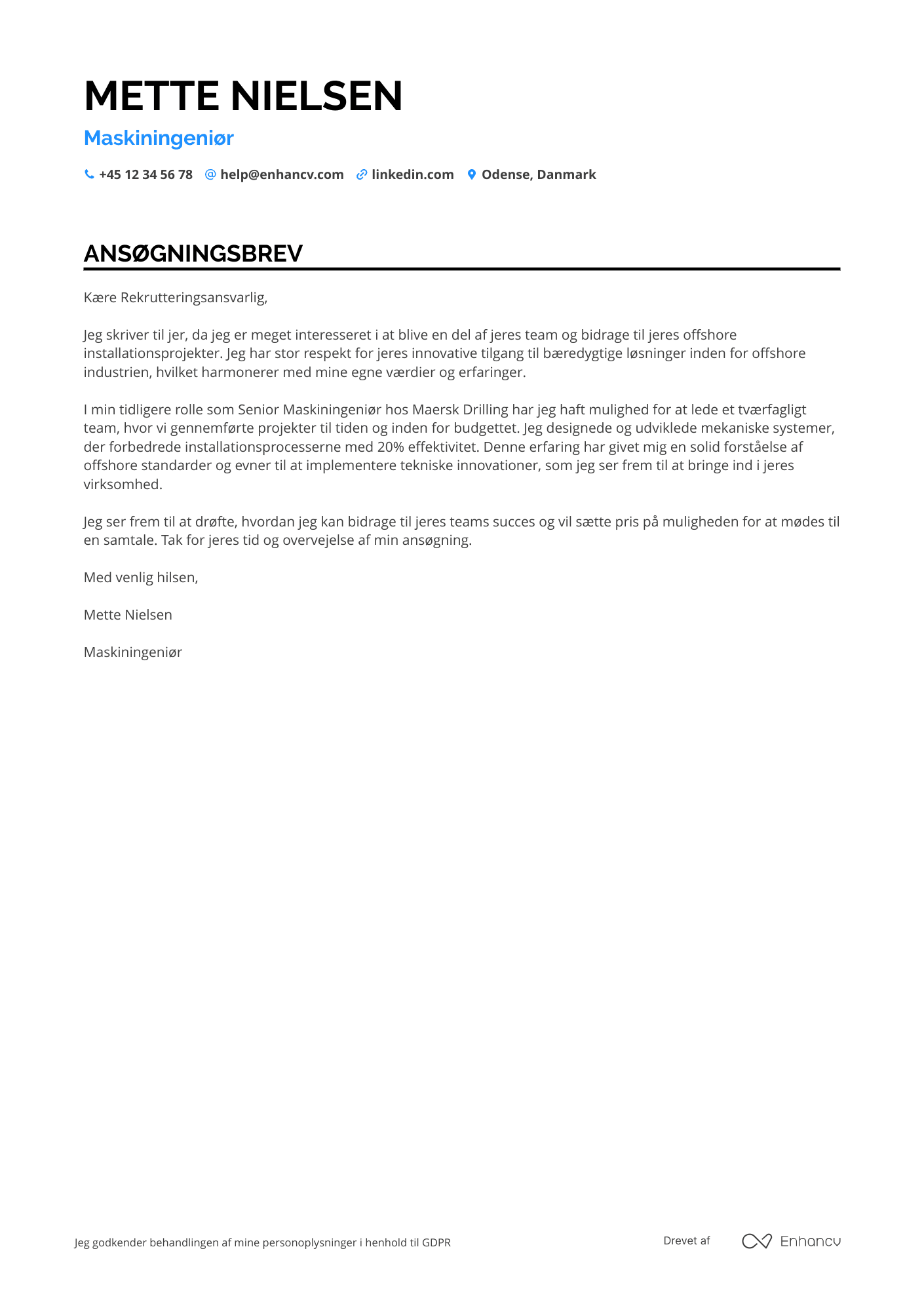 Ansøgningsbrev til Maskiningeniør – Offshore Resume Example