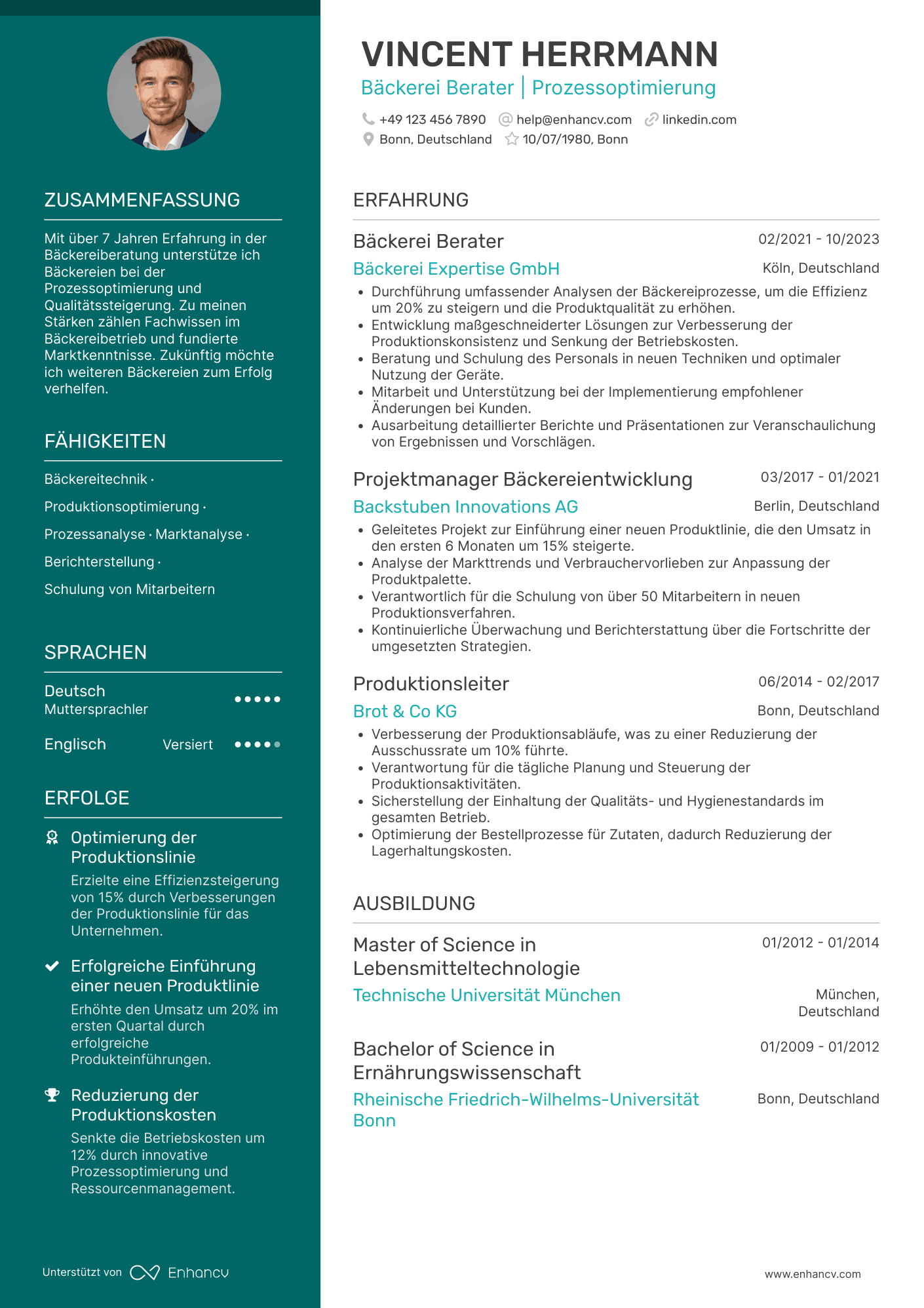 Lebenslauf als Bäckerei Berater Resume Example