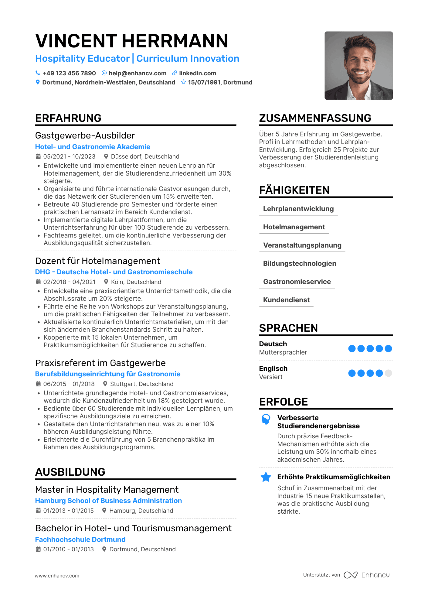 Lebenslauf in Lehrer im Gastgewerbe Resume Example