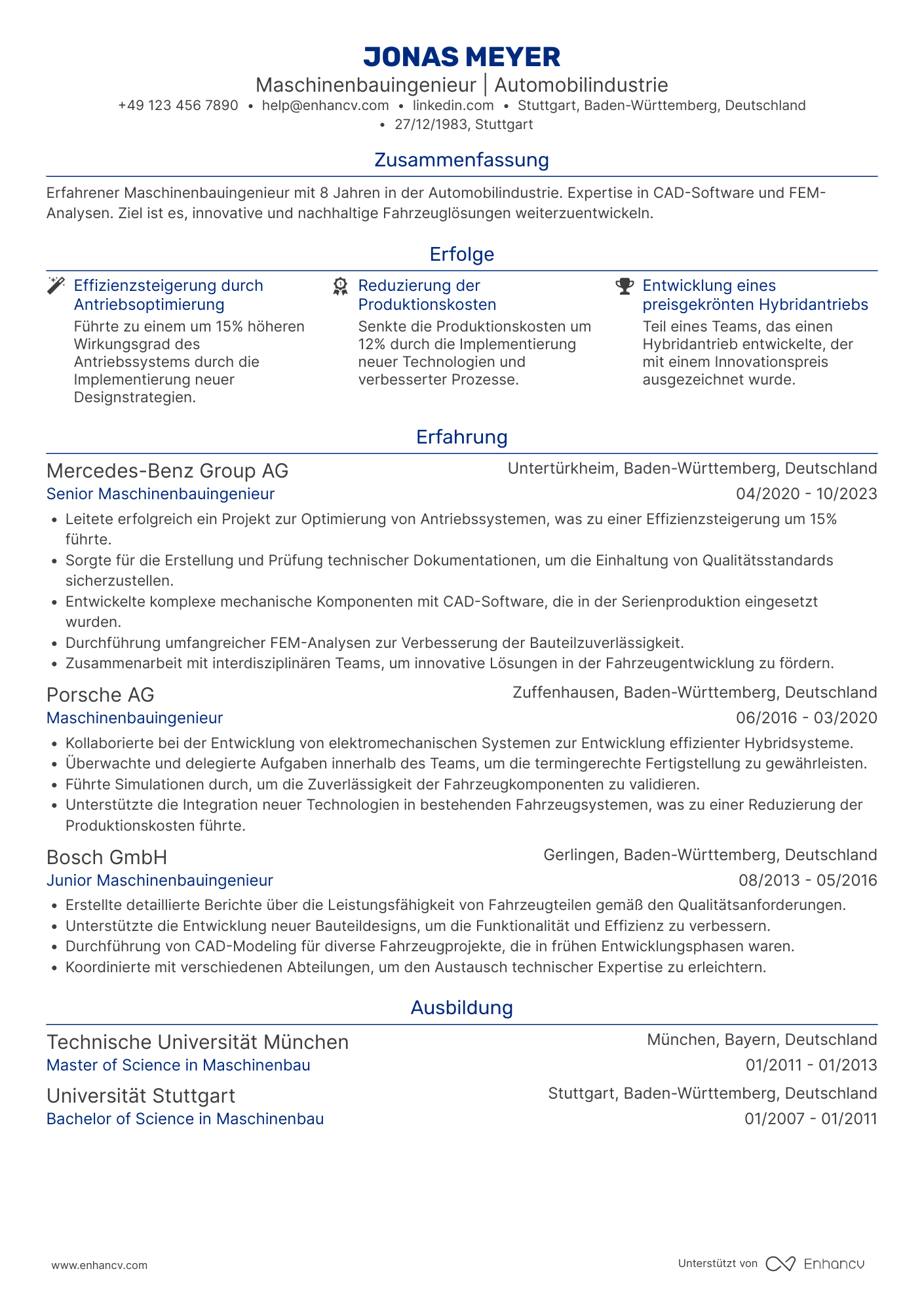 Lebenslauf in Maschinenbauingenieur in der Automobilindustrie Resume Example