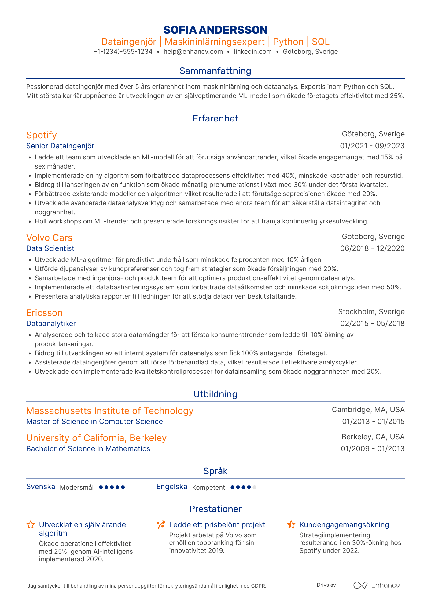 CV för Dataingenjör för maskininlärning Resume Example