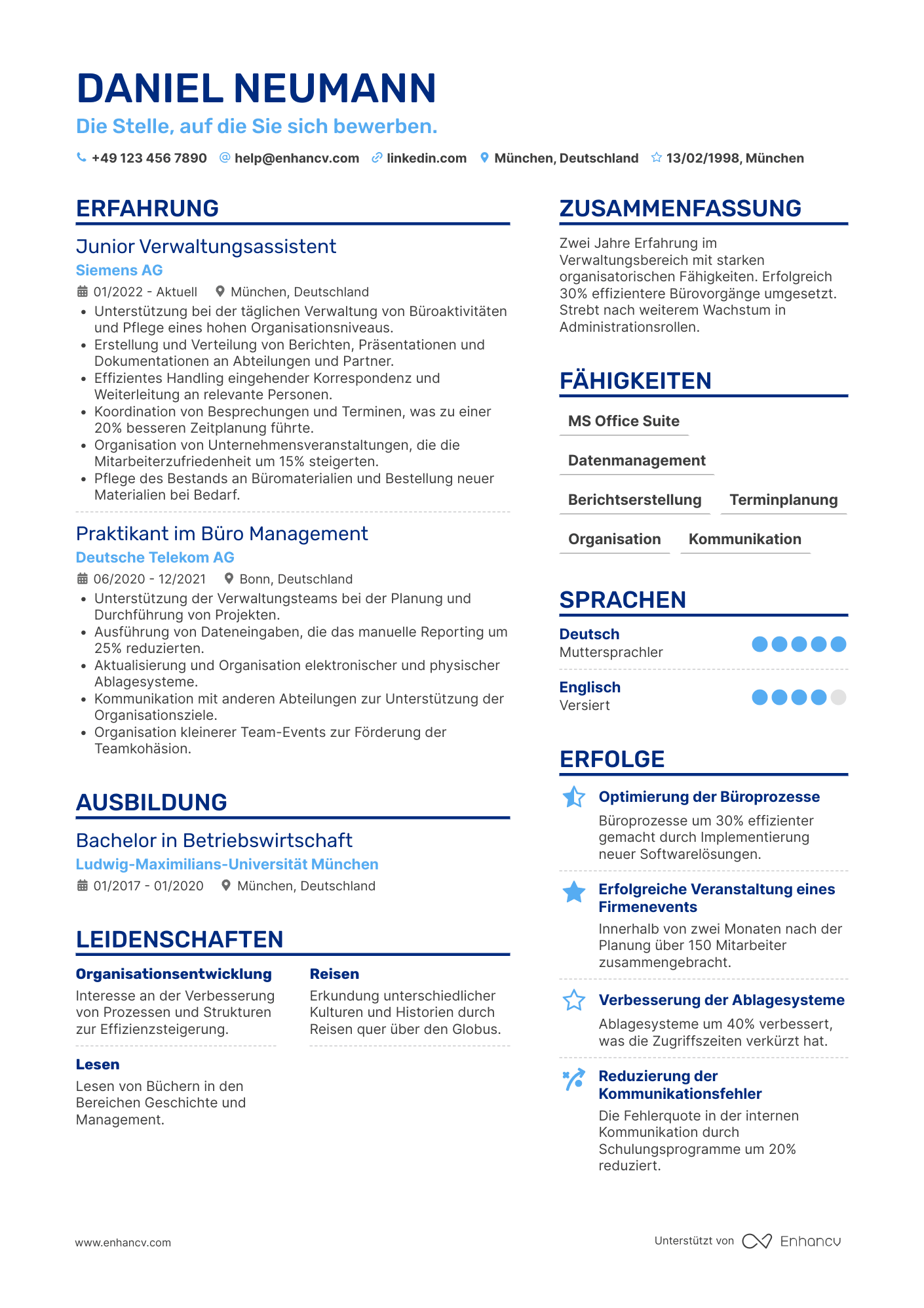 Lebenslauf als Junior Verwaltungsassistent Resume Example