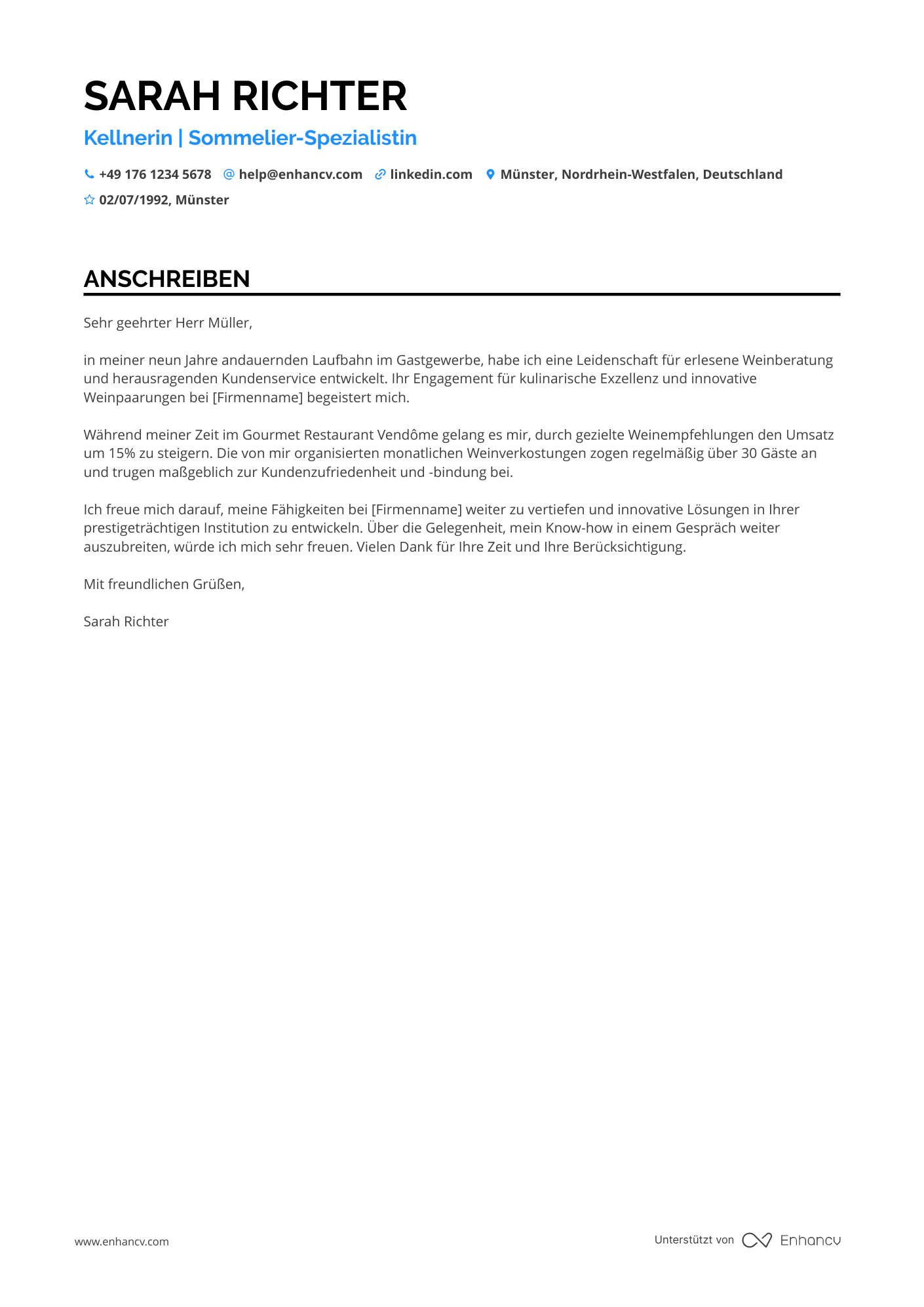 Kellner mit Sommelier Erfahrung Resume Example