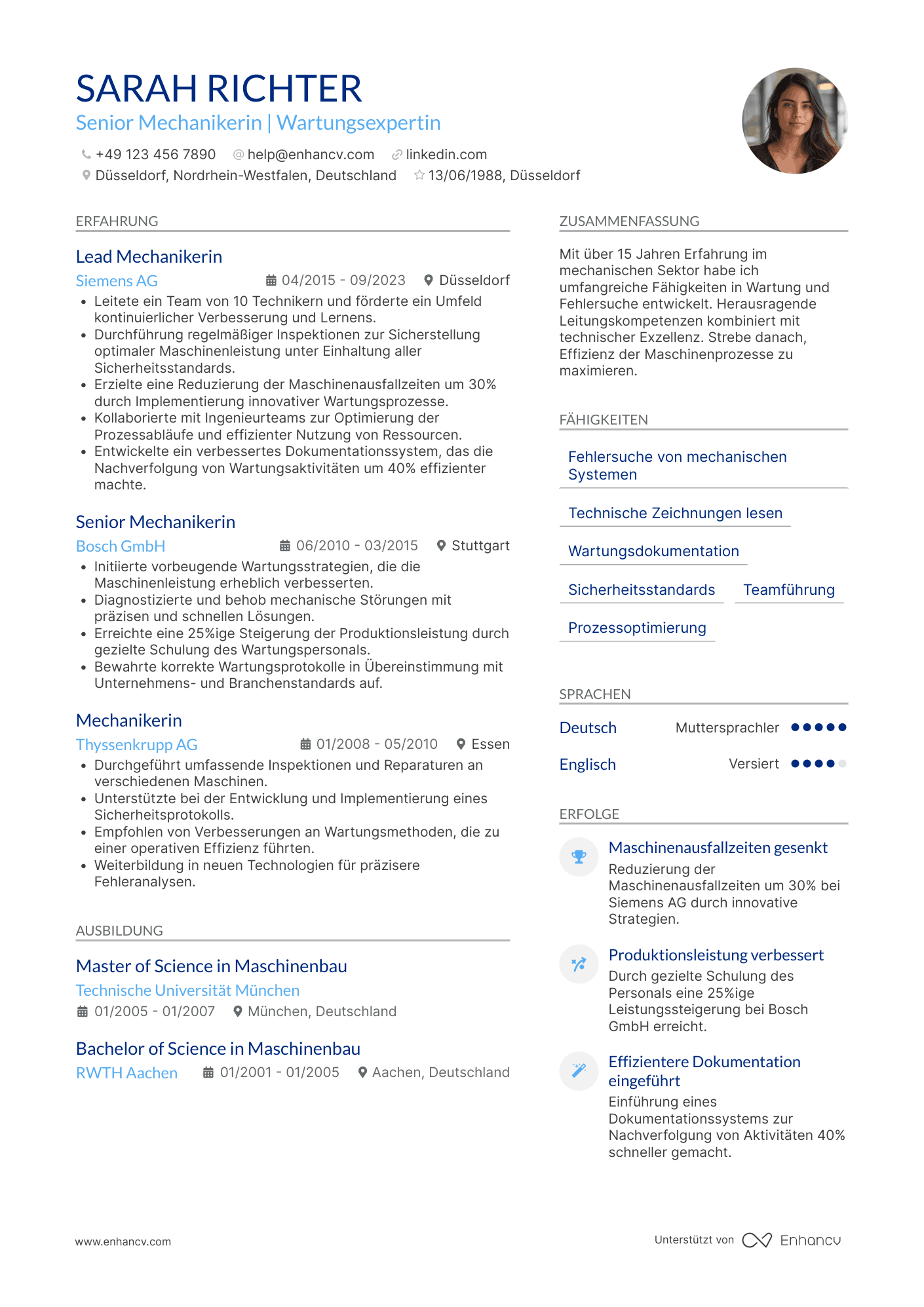 Lebenslauf als Senior Mechaniker Resume Example