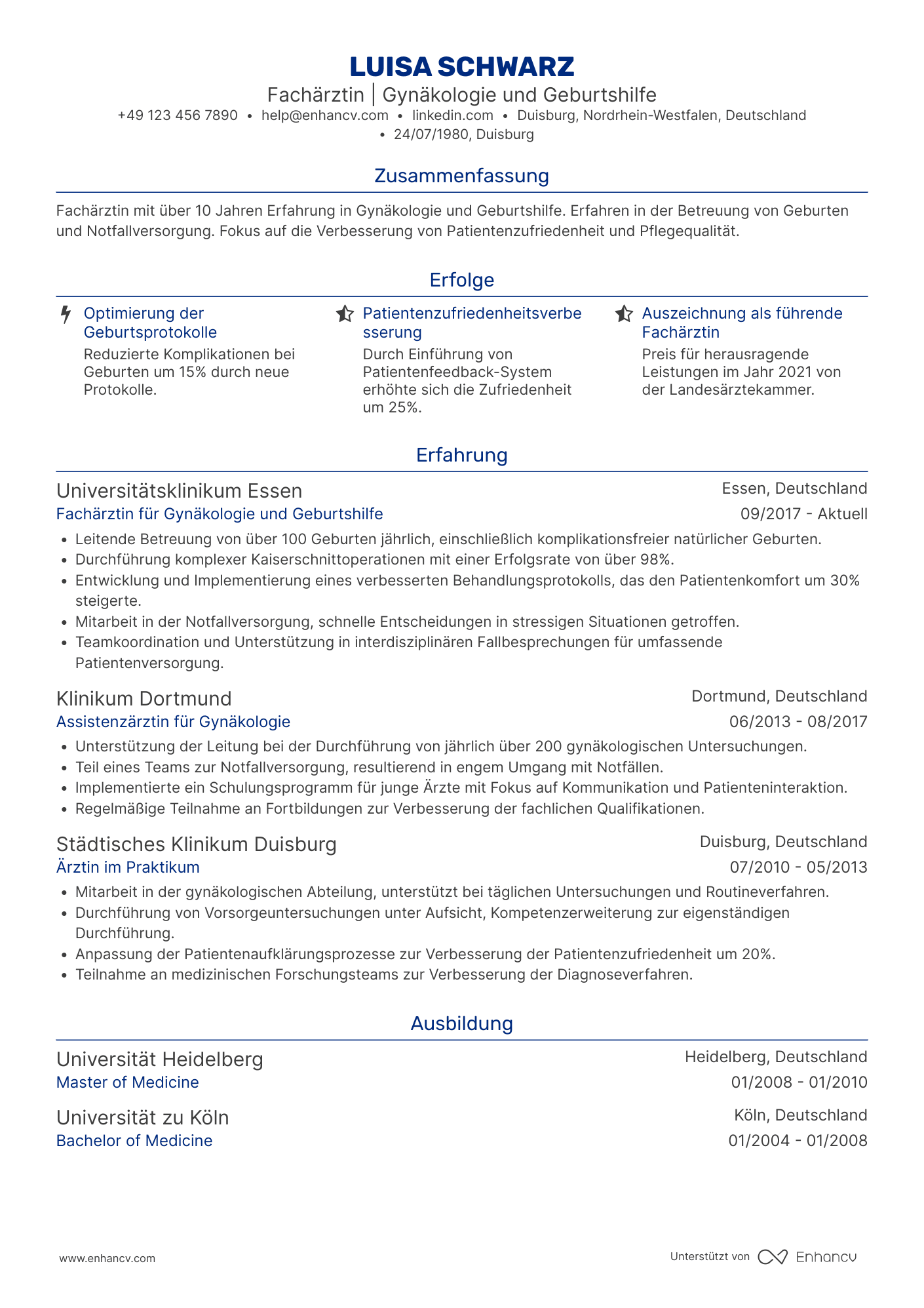 Lebenslauf als Arzt für Gynäkologie Resume Example