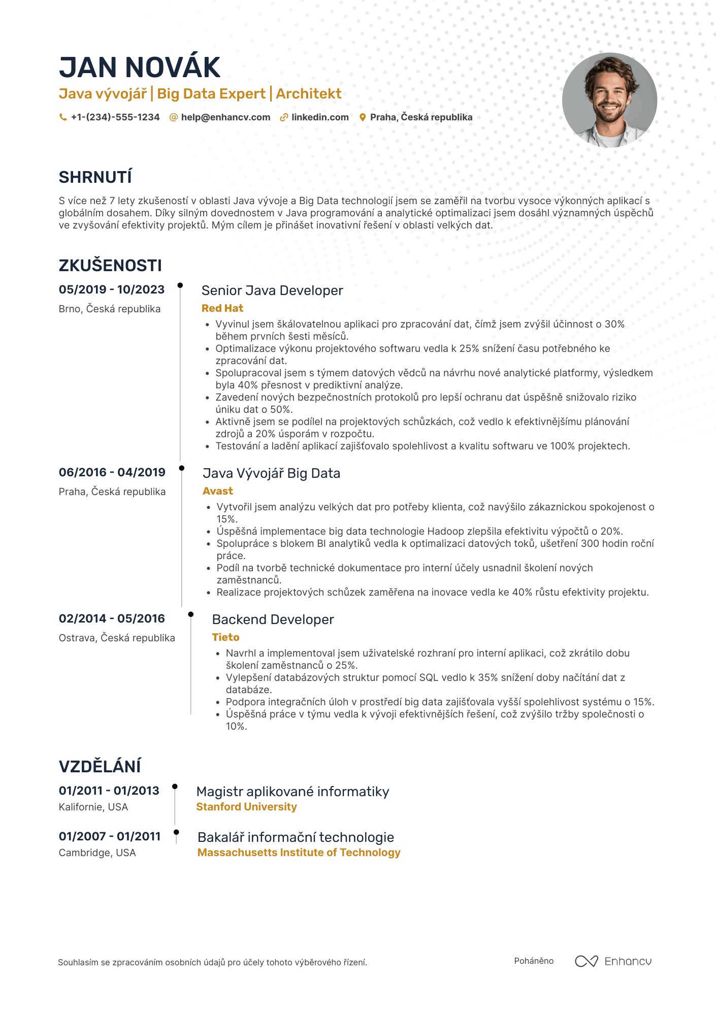 Životopis pro Java vývojář big data Resume Example