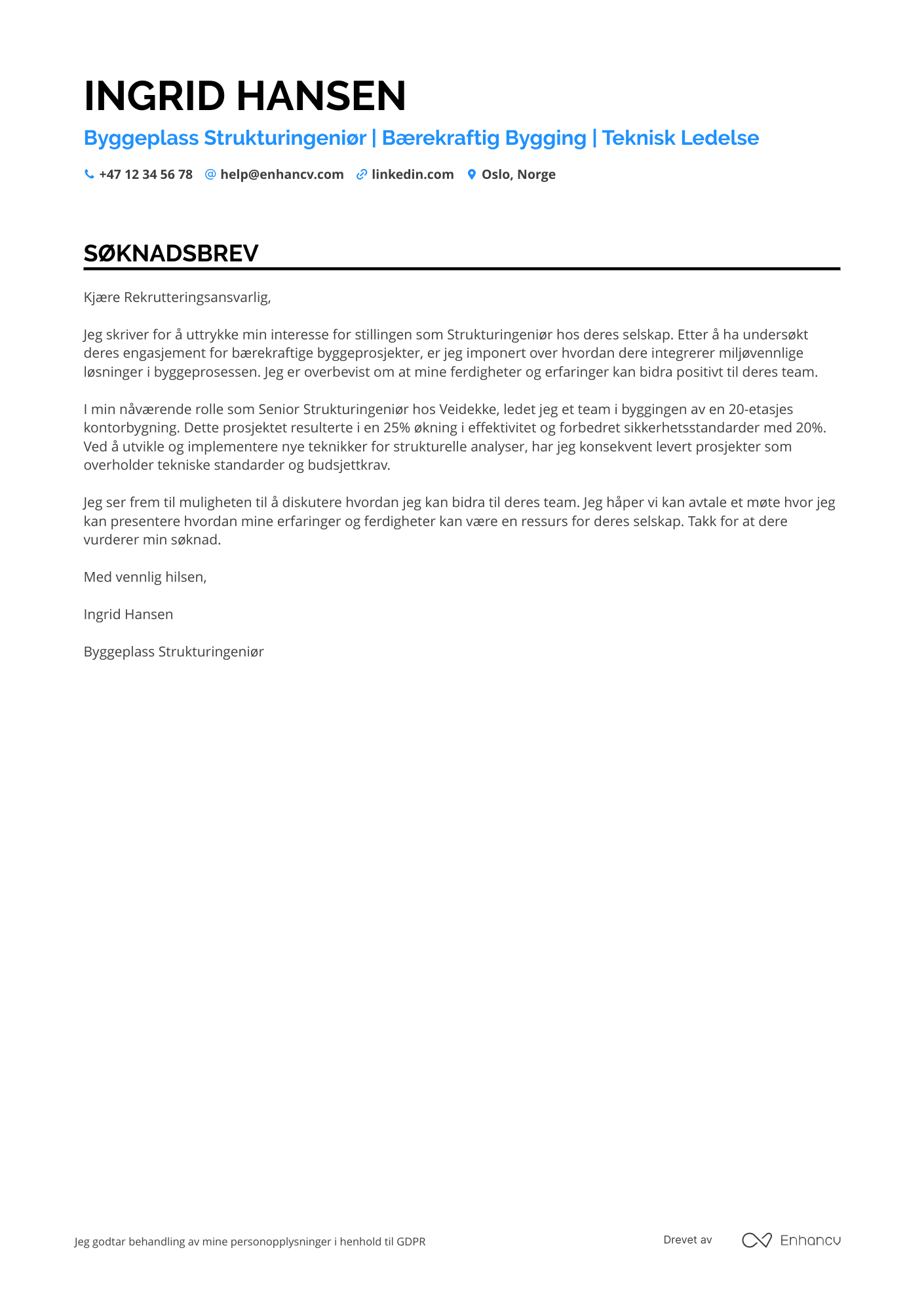 Søknadsbrev for Byggeplass Strukturingeniør Resume Example