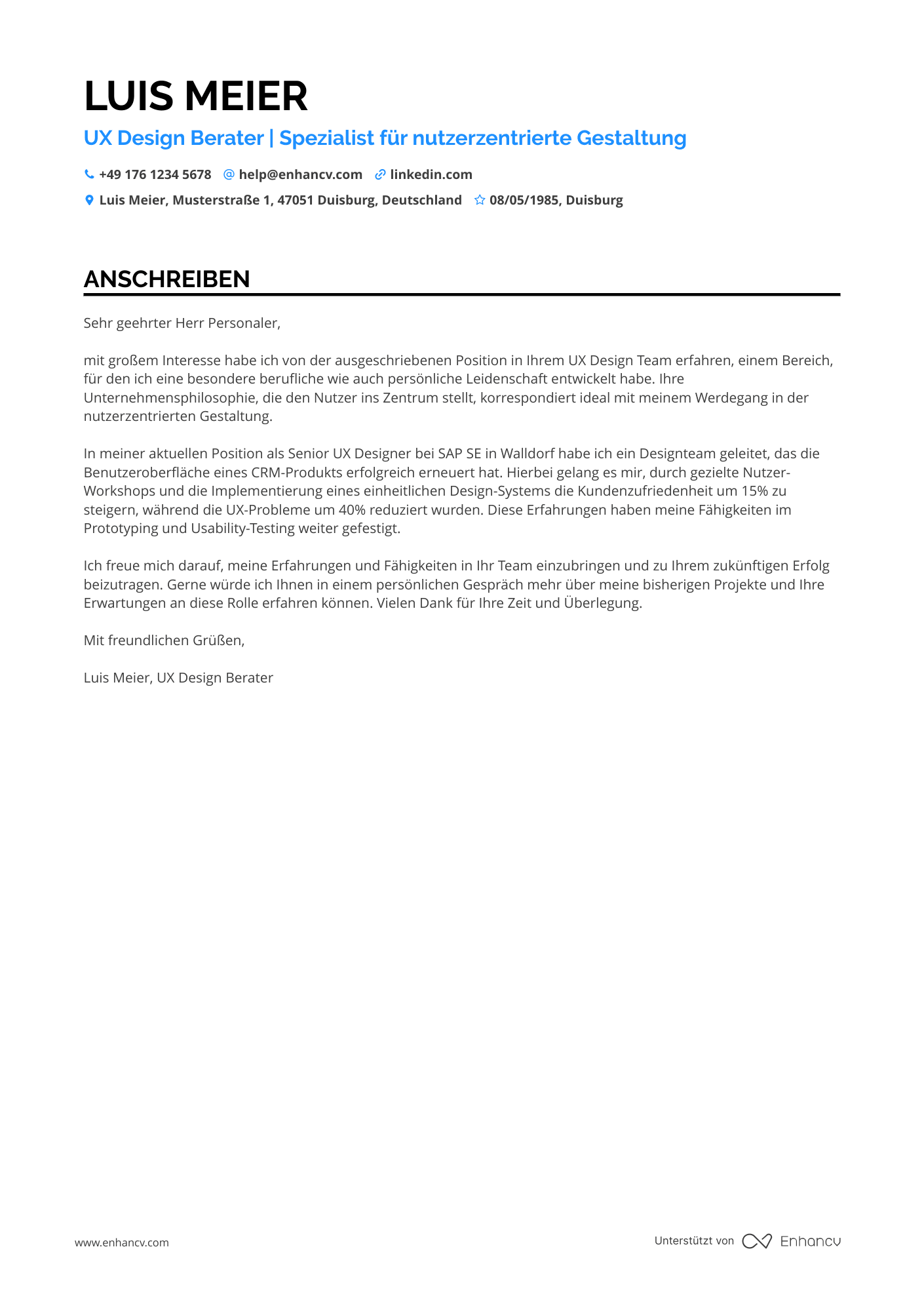 UX Design Berater Resume Example