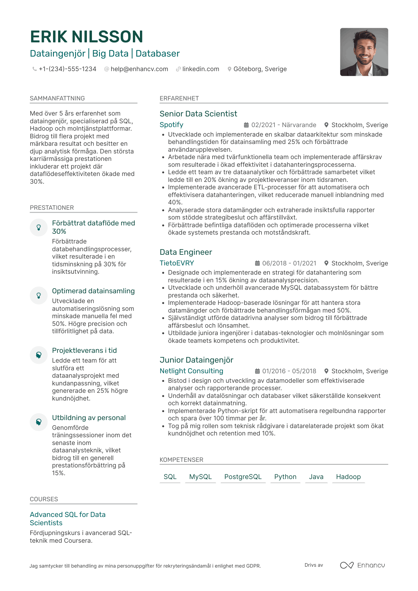 CV för Medior Dataingenjör Resume Example