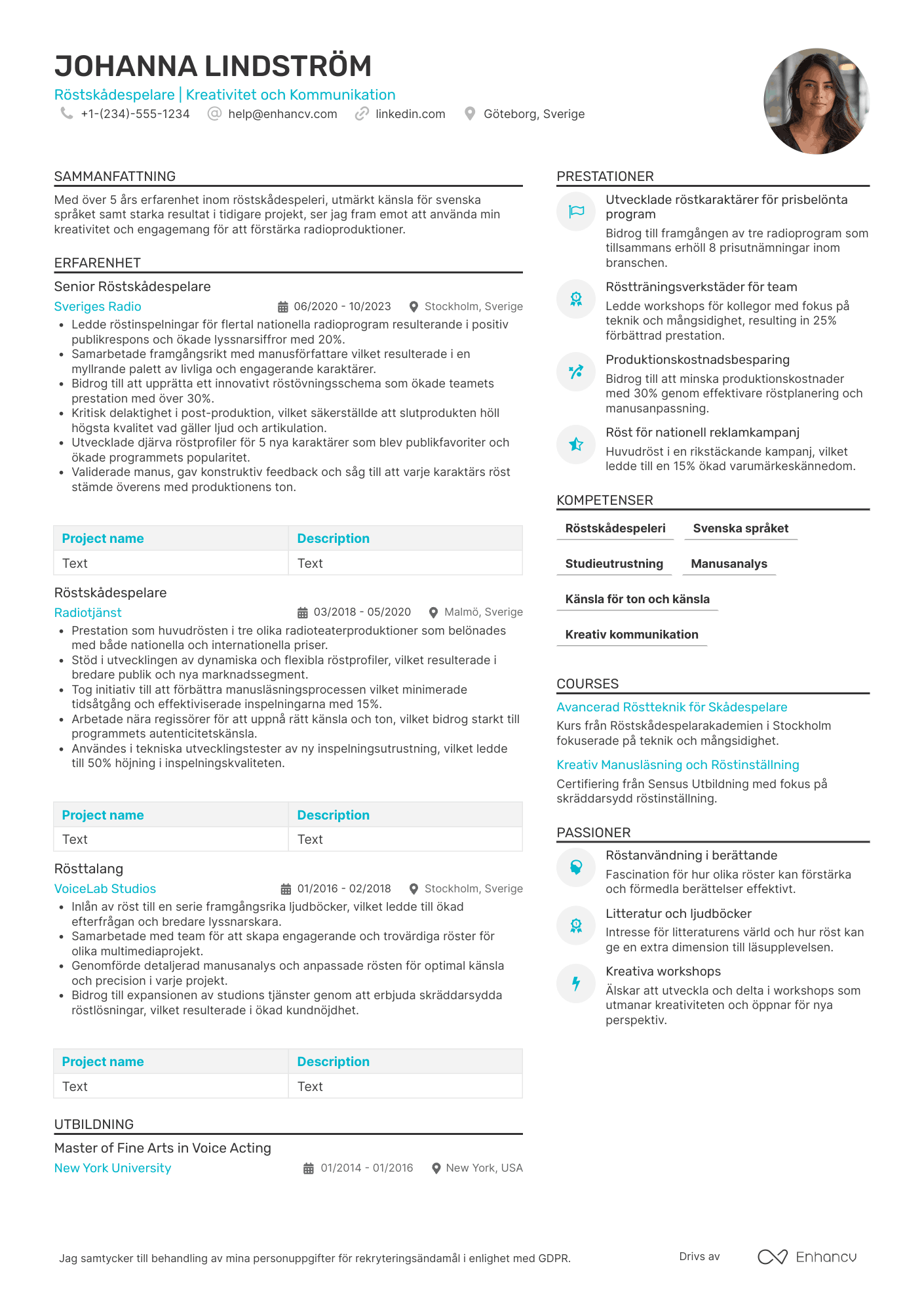 CV för Röstskådespelare för radio Resume Example