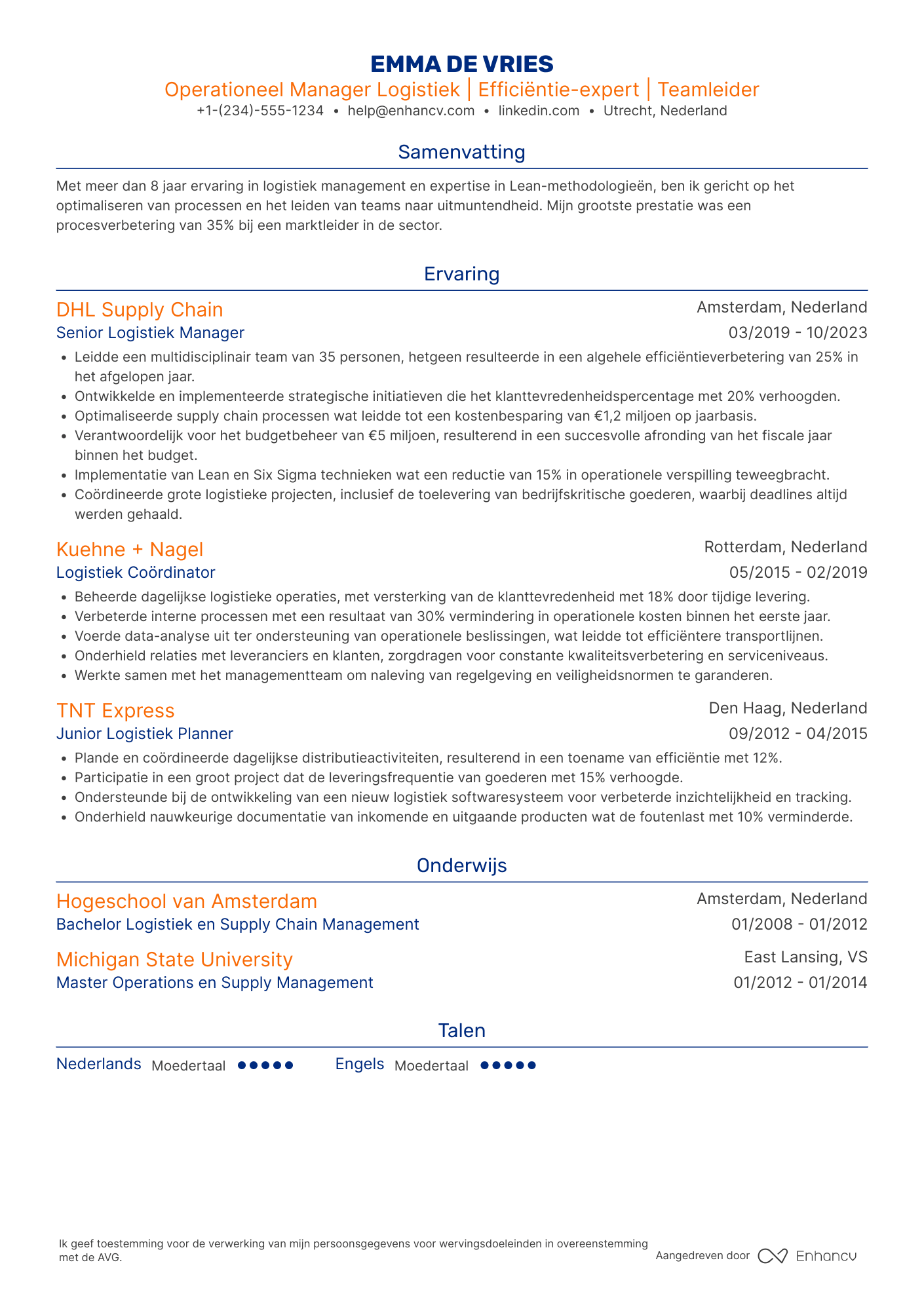 CV voor Operationeel Manager Logistiek Resume Example