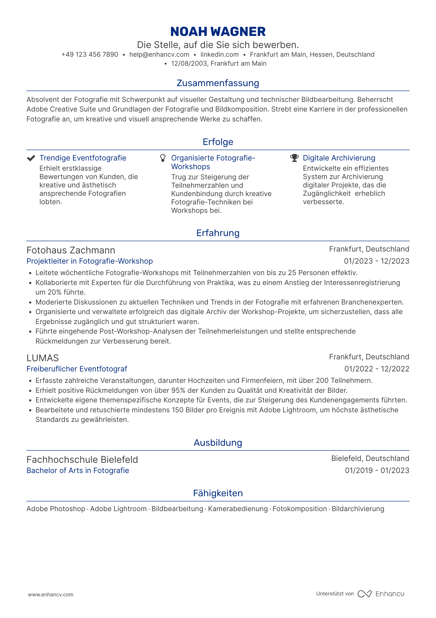 Lebenslauf als Fotograf Praktikant Resume Example