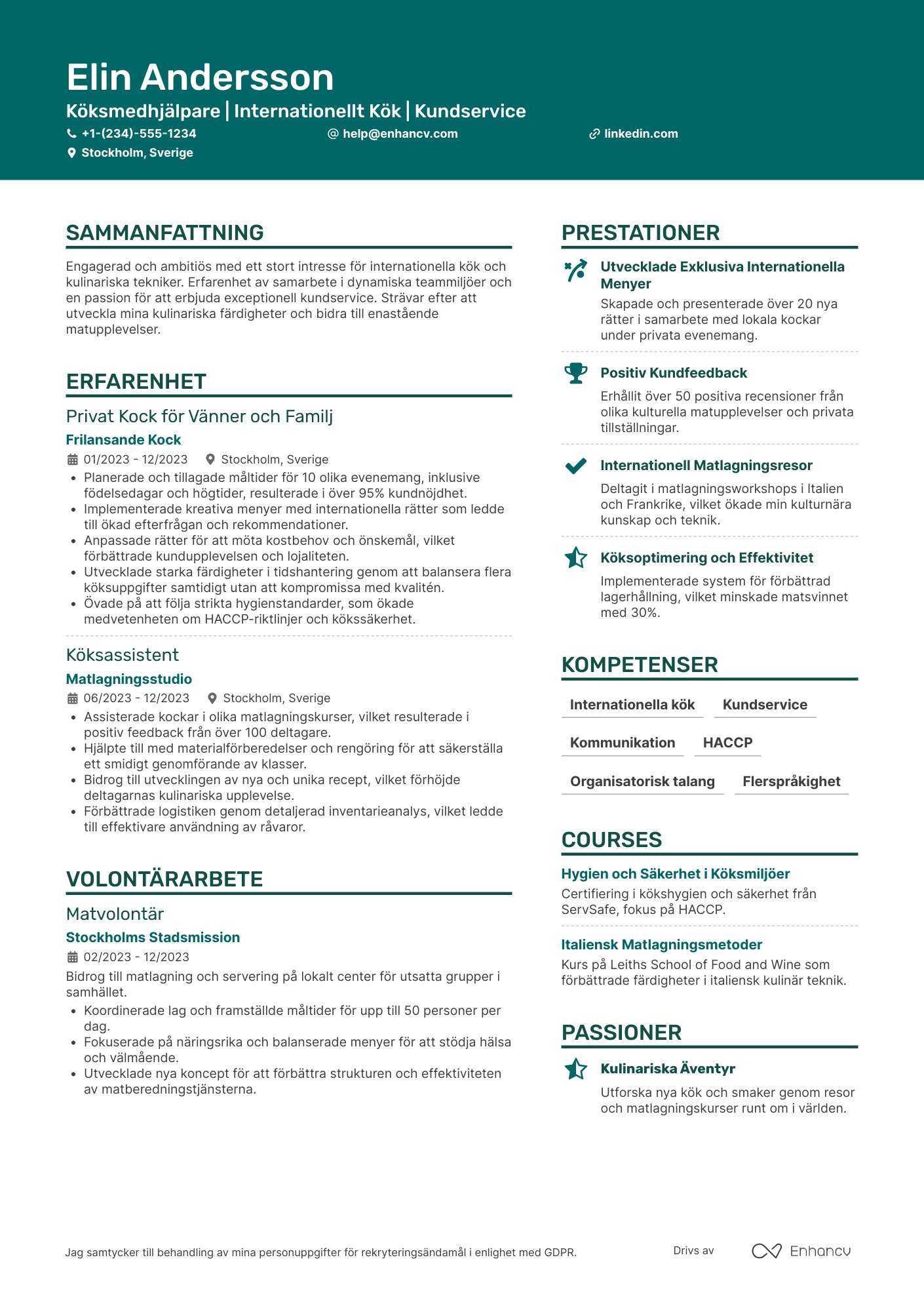 CV för Internationell Kök Restaurangmedarbetare Resume Example