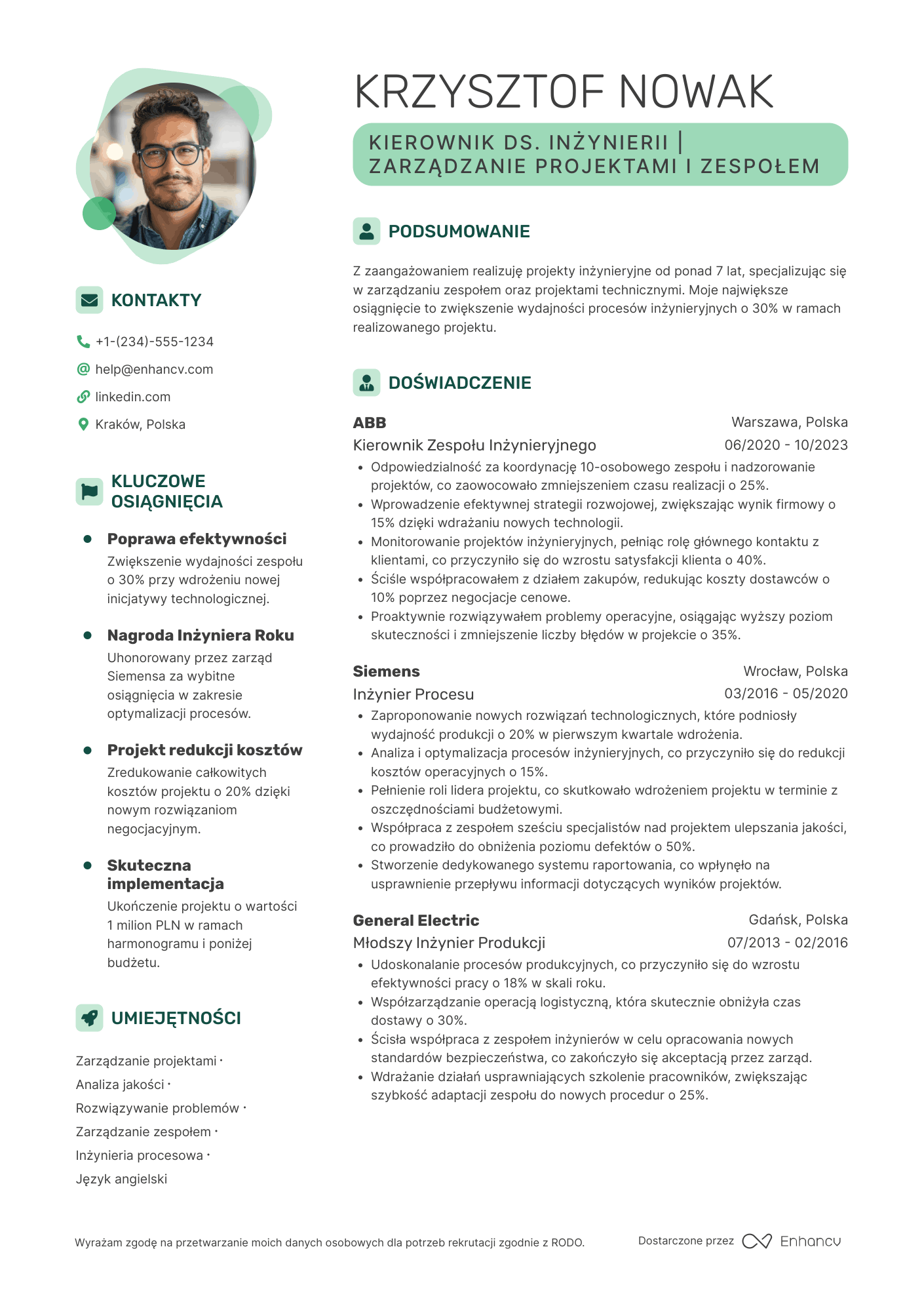 CV dla Kierownik ds. Inżynierii Resume Example
