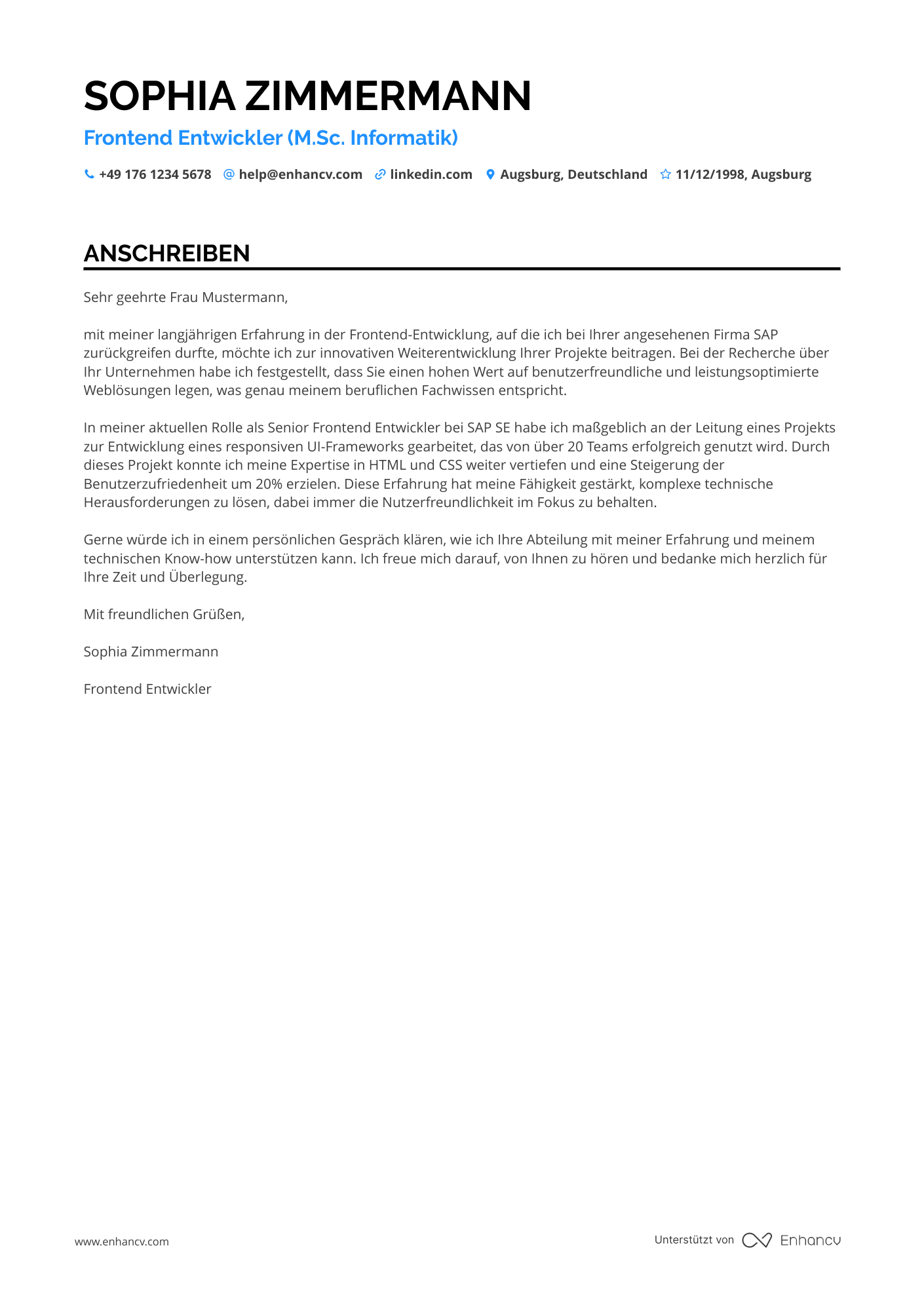 Frontend Entwickler für HTML/CSS Resume Example