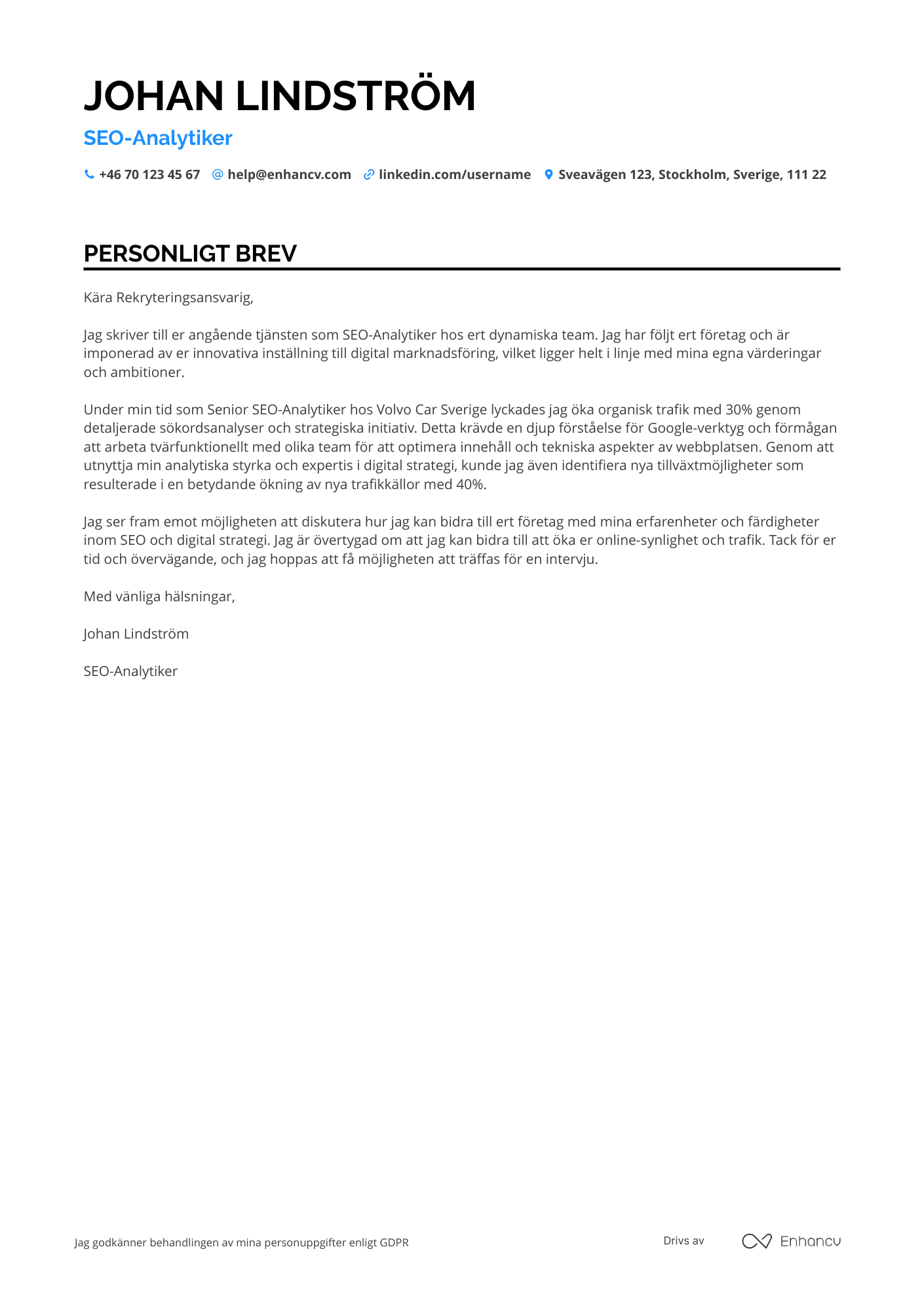 Personligt brev för SEO Analyst Resume Example