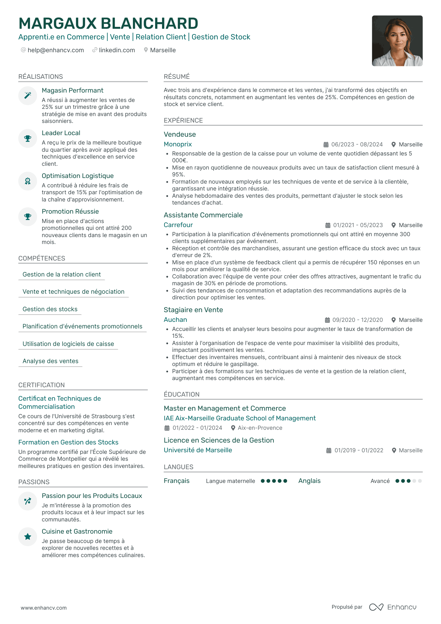 Alternance BAC PRO Commerce Resume Example