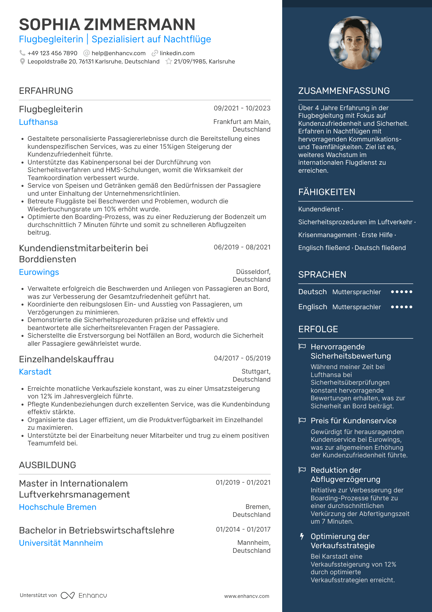 Lebenslauf als Flugbegleiter für Nachtflüge Resume Example