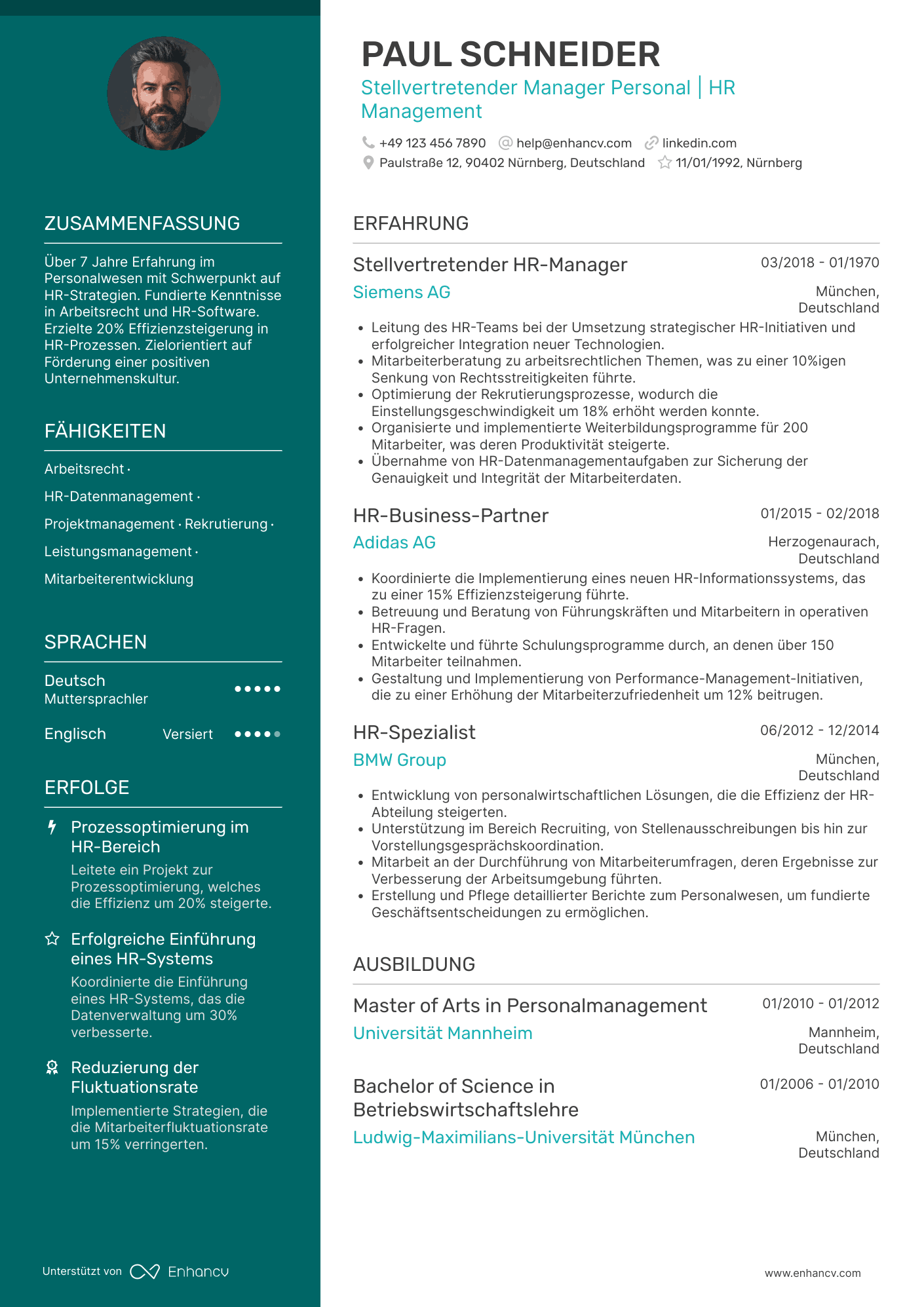 Lebenslauf als Stellvertretender Manager in der Personalabteilung Resume Example