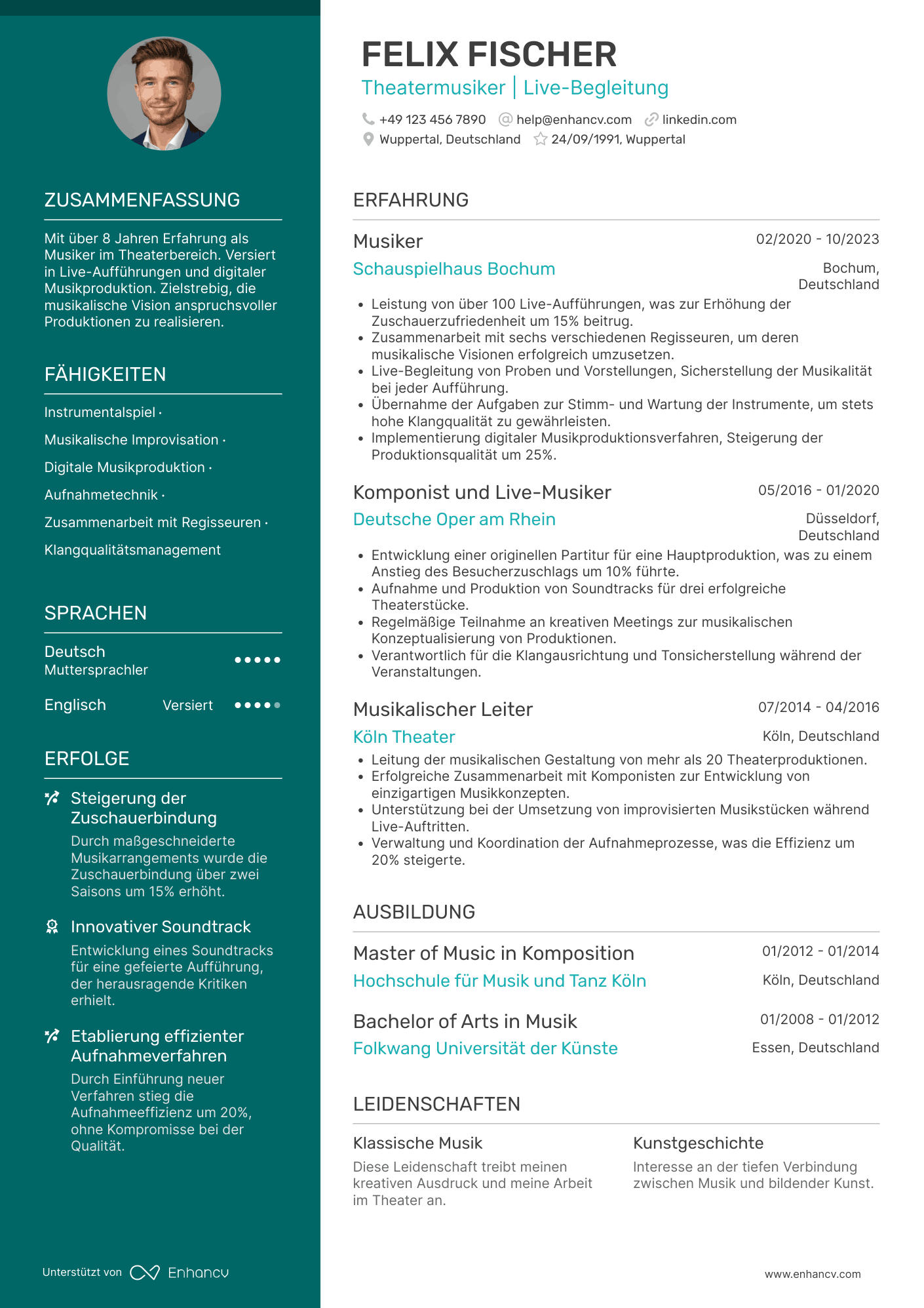 Lebenslauf in Musiker für Theatermusik Resume Example