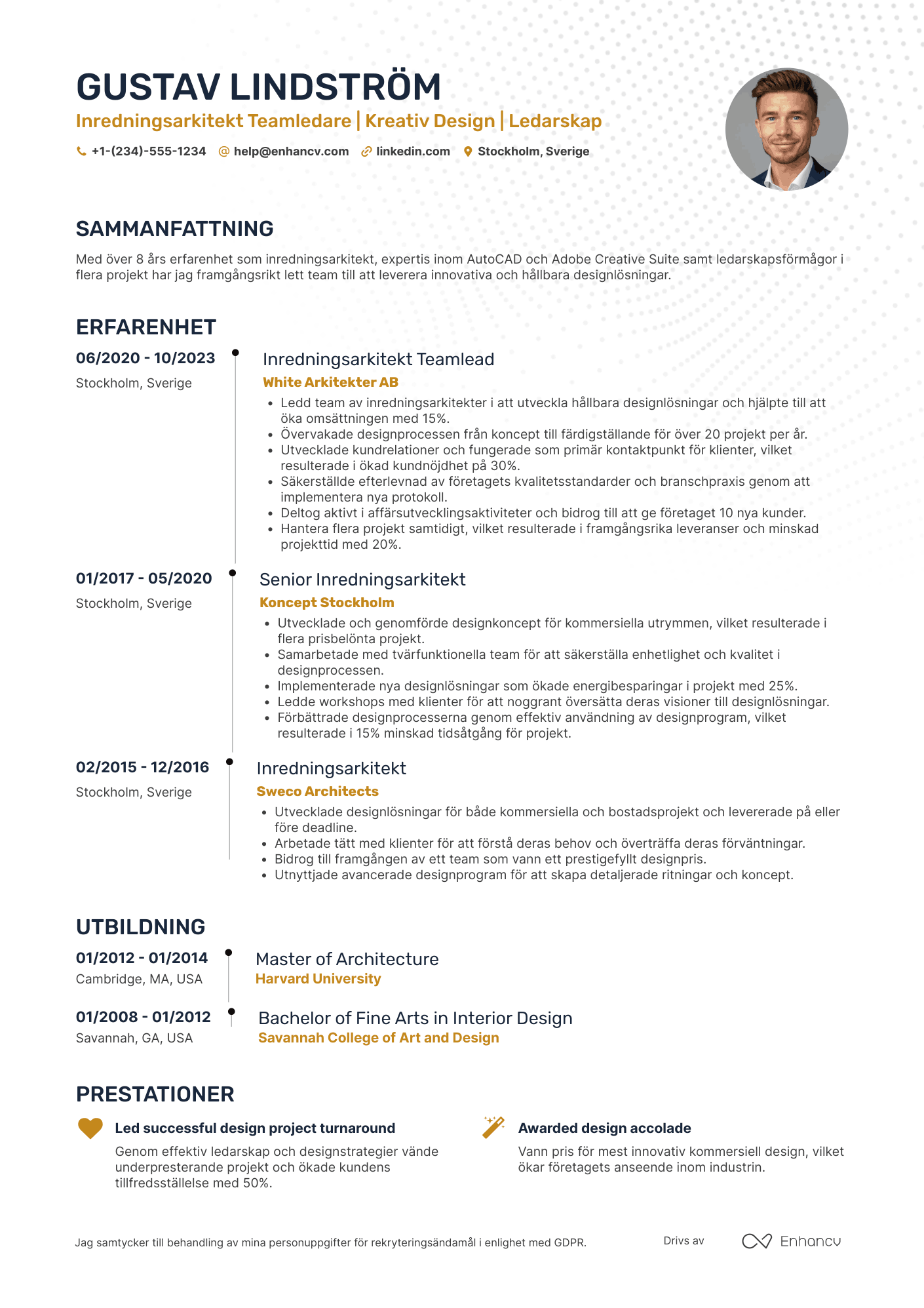 CV för Inredningsarkitekt Teamledare Resume Example