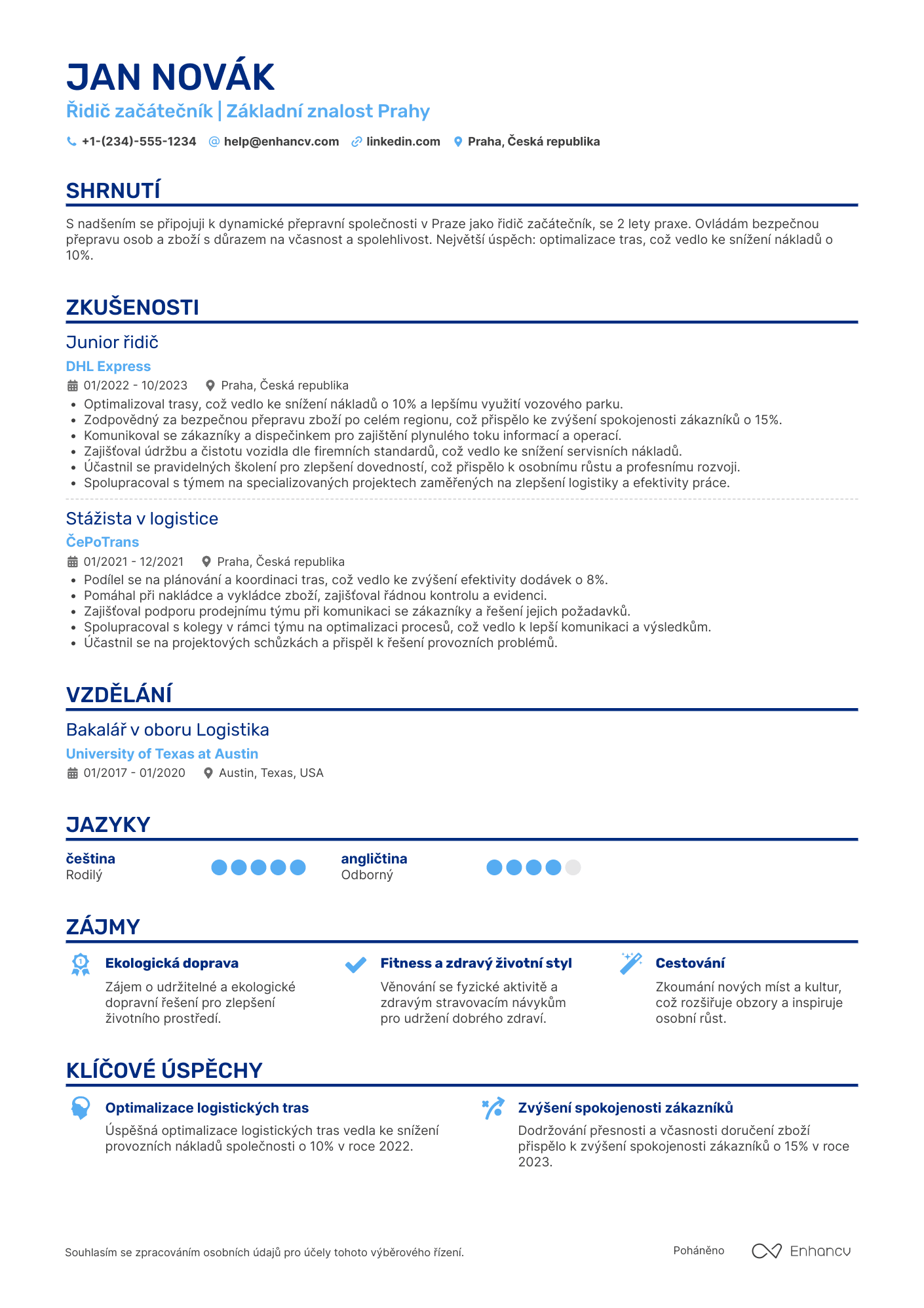 Životopis pro Řidič začátečník Resume Example