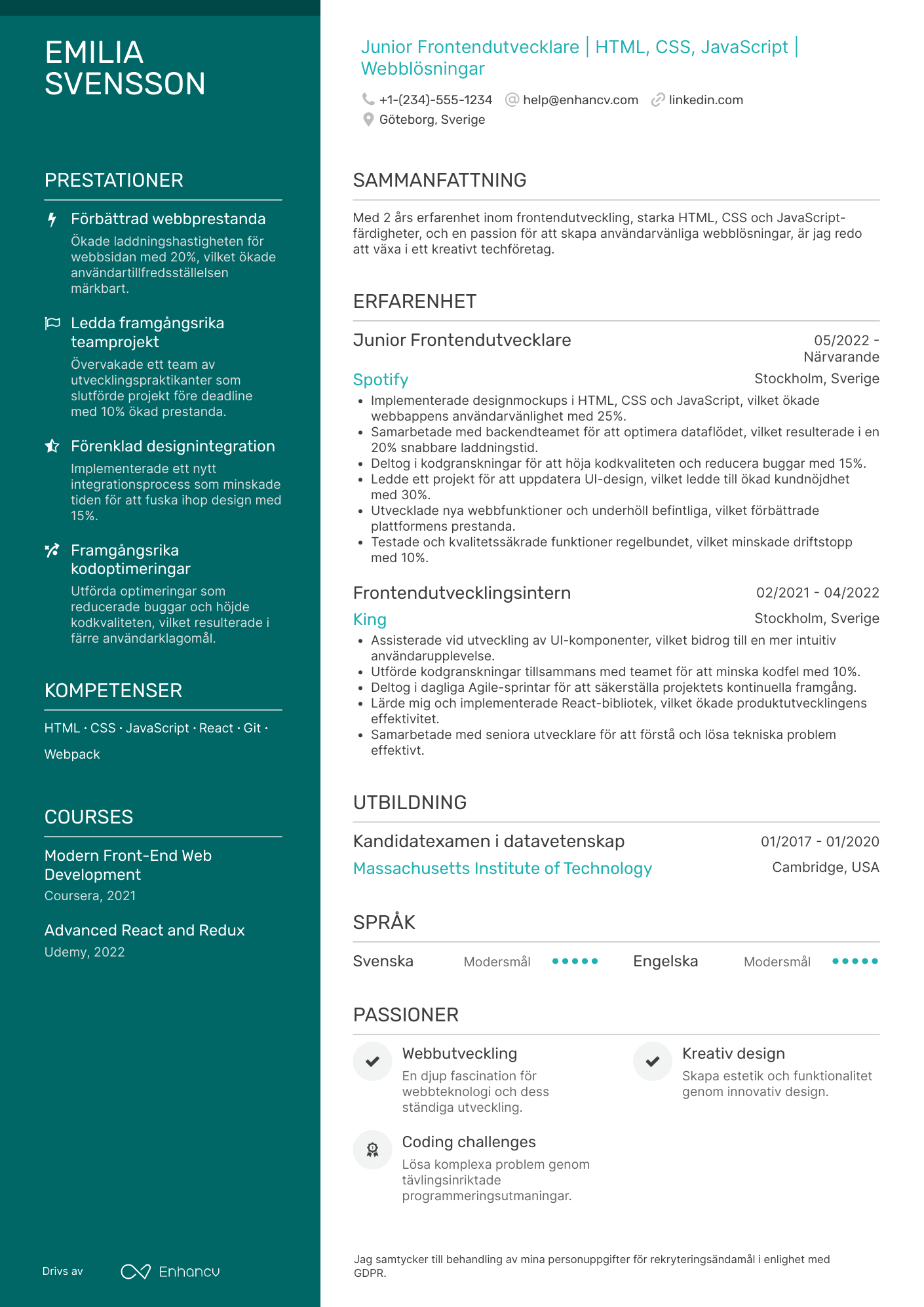 CV för Junior Frontendutvecklare Resume Example