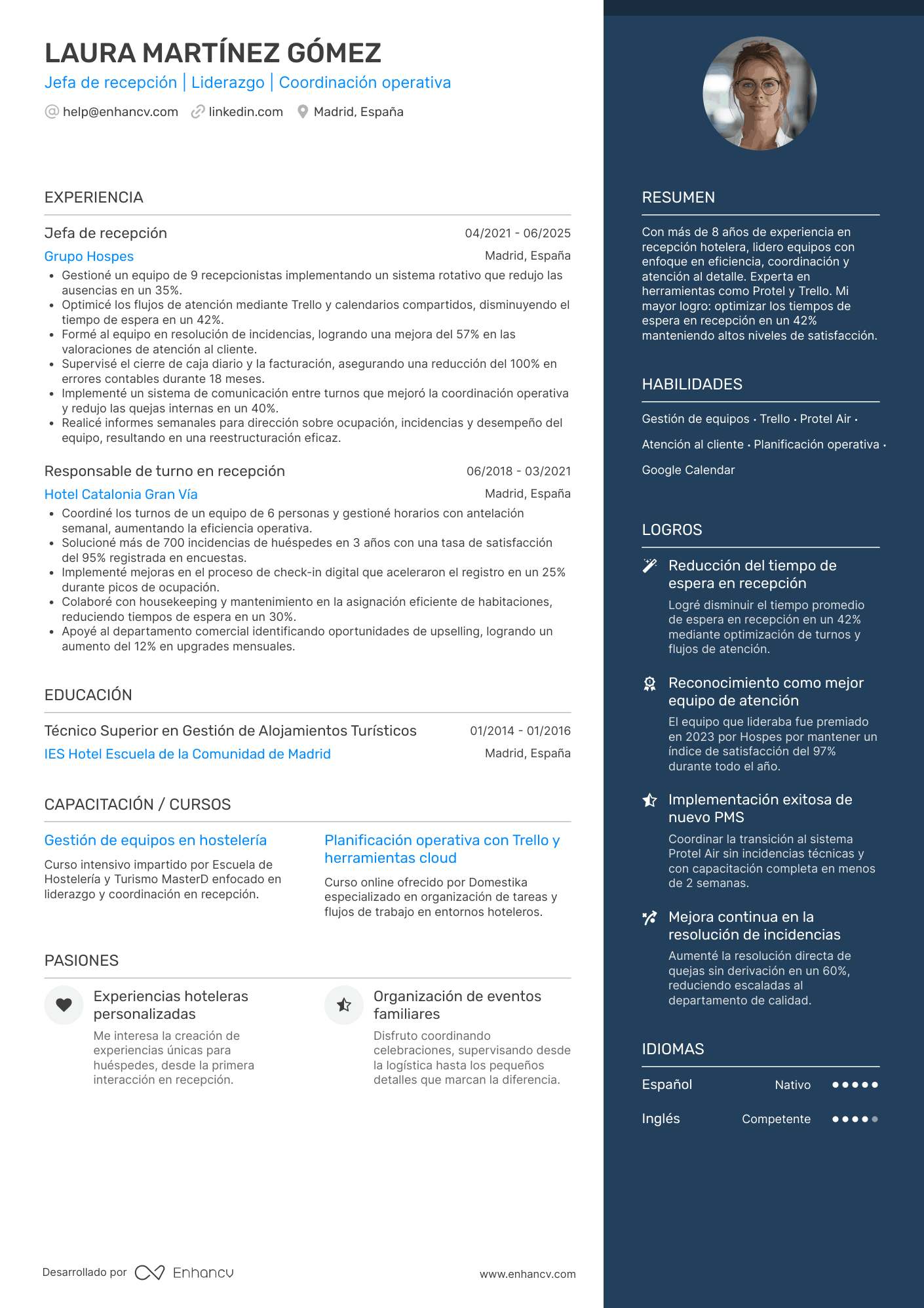 Jefe de recepción Resume Example