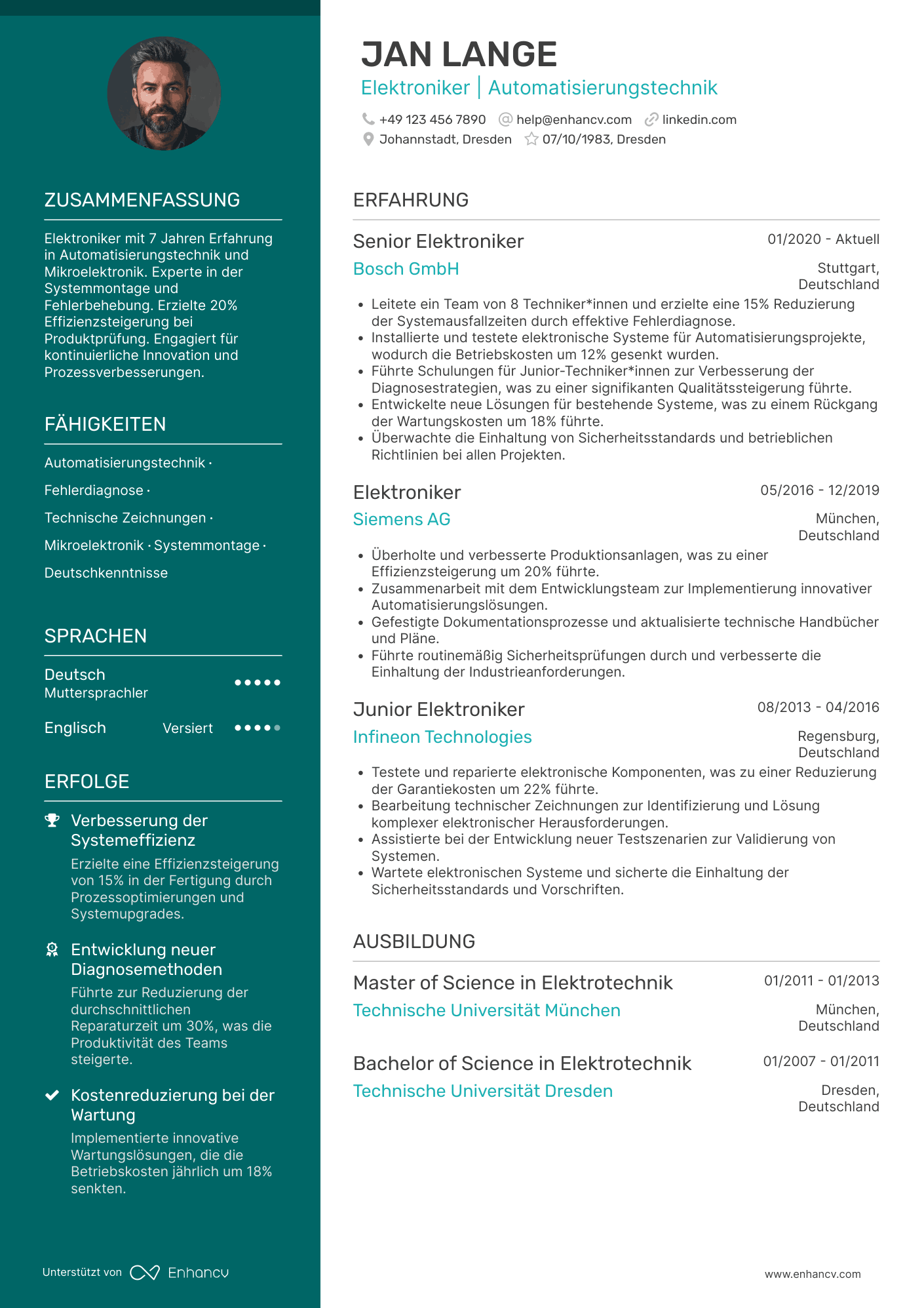 Lebenslauf als Elektroniker mit Spezialisierung Resume Example