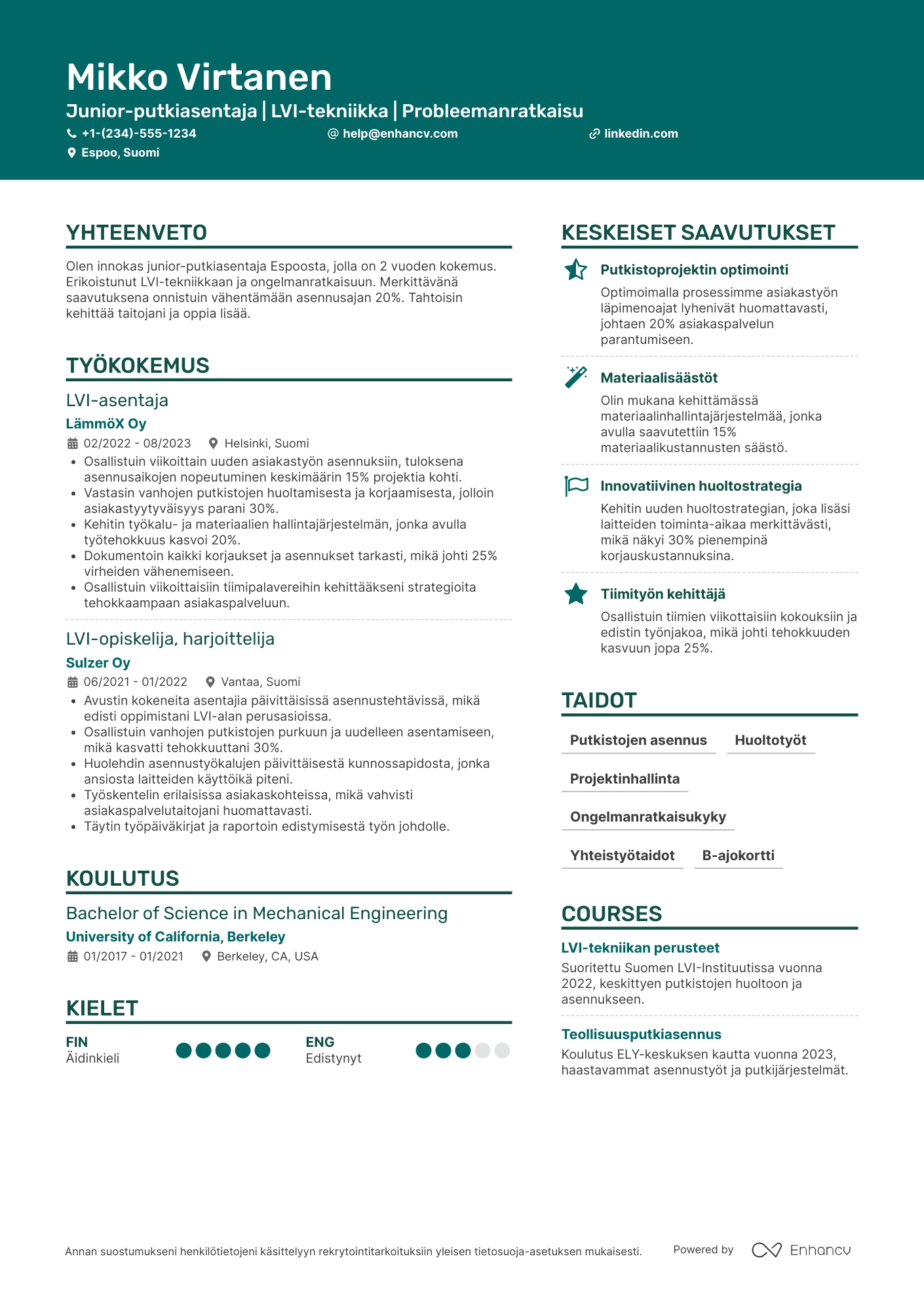 Ansioluettelo Junior putkiasentaja Resume Example