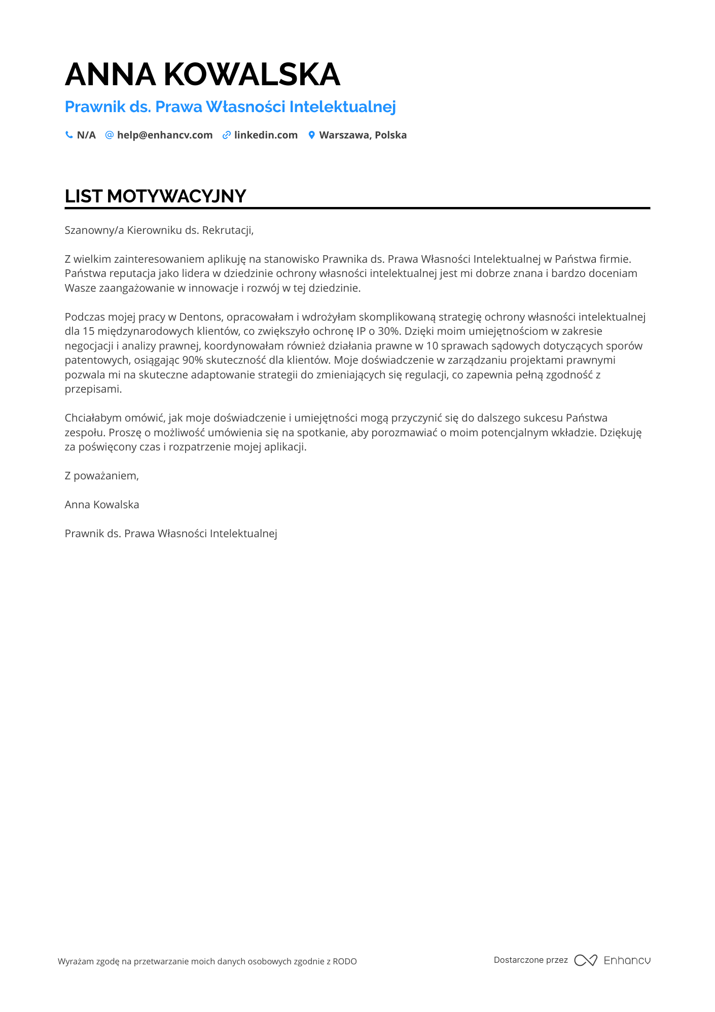 List motywacyjny dla Prawnik ds. Prawa Własności Intelektualnej Resume Example