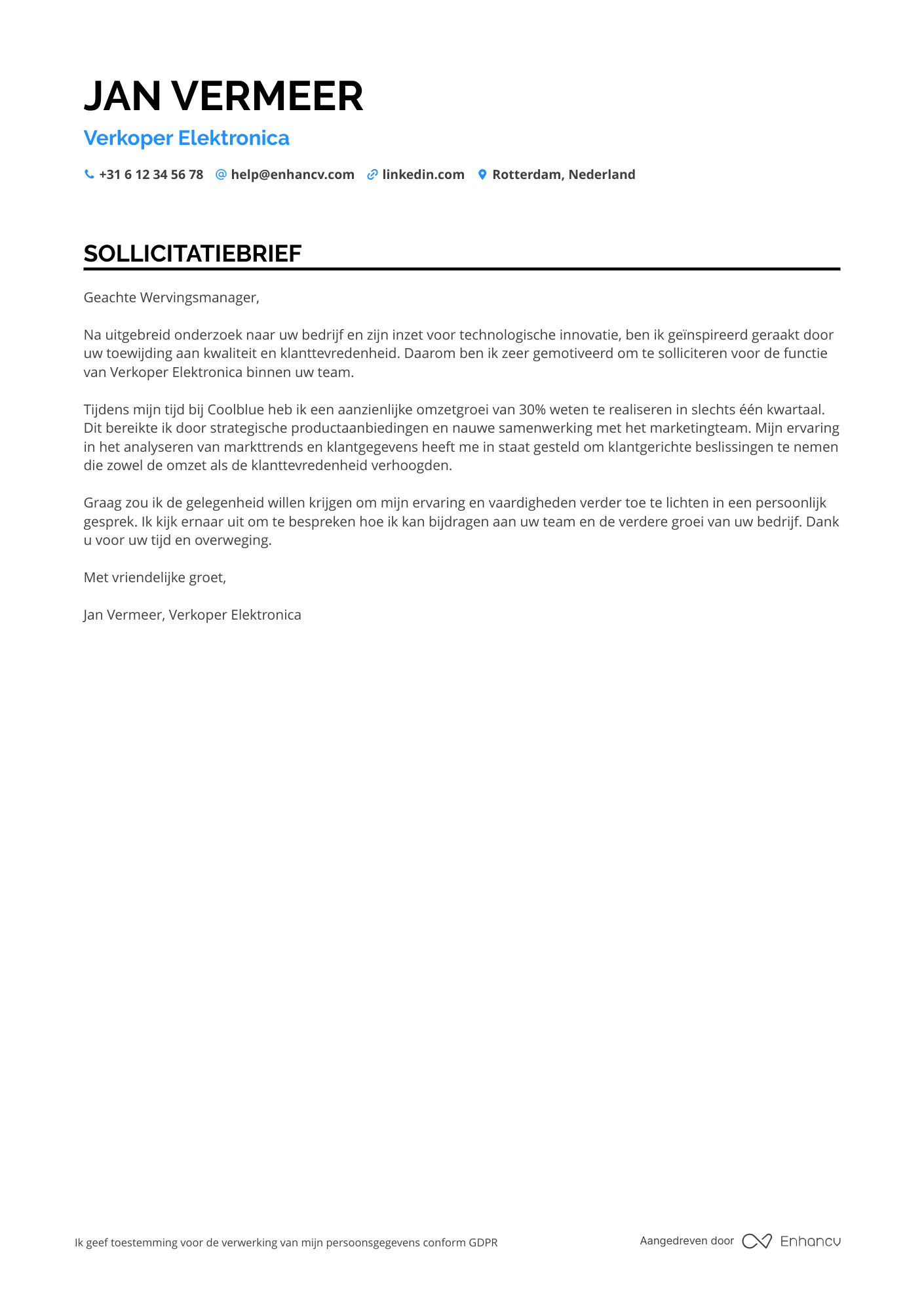 Sollicitatiebrief voor Verkoper elektronica online Resume Example