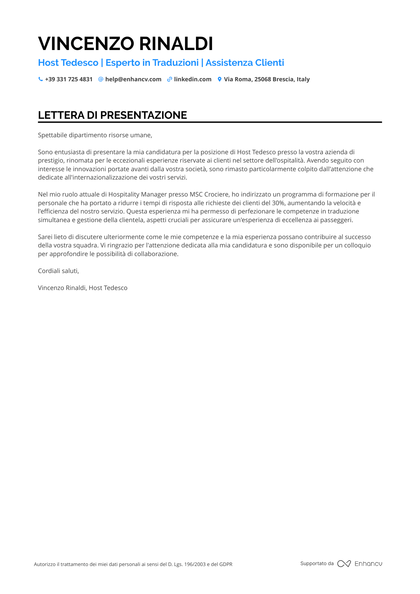 Hostess di Congresso Resume Example