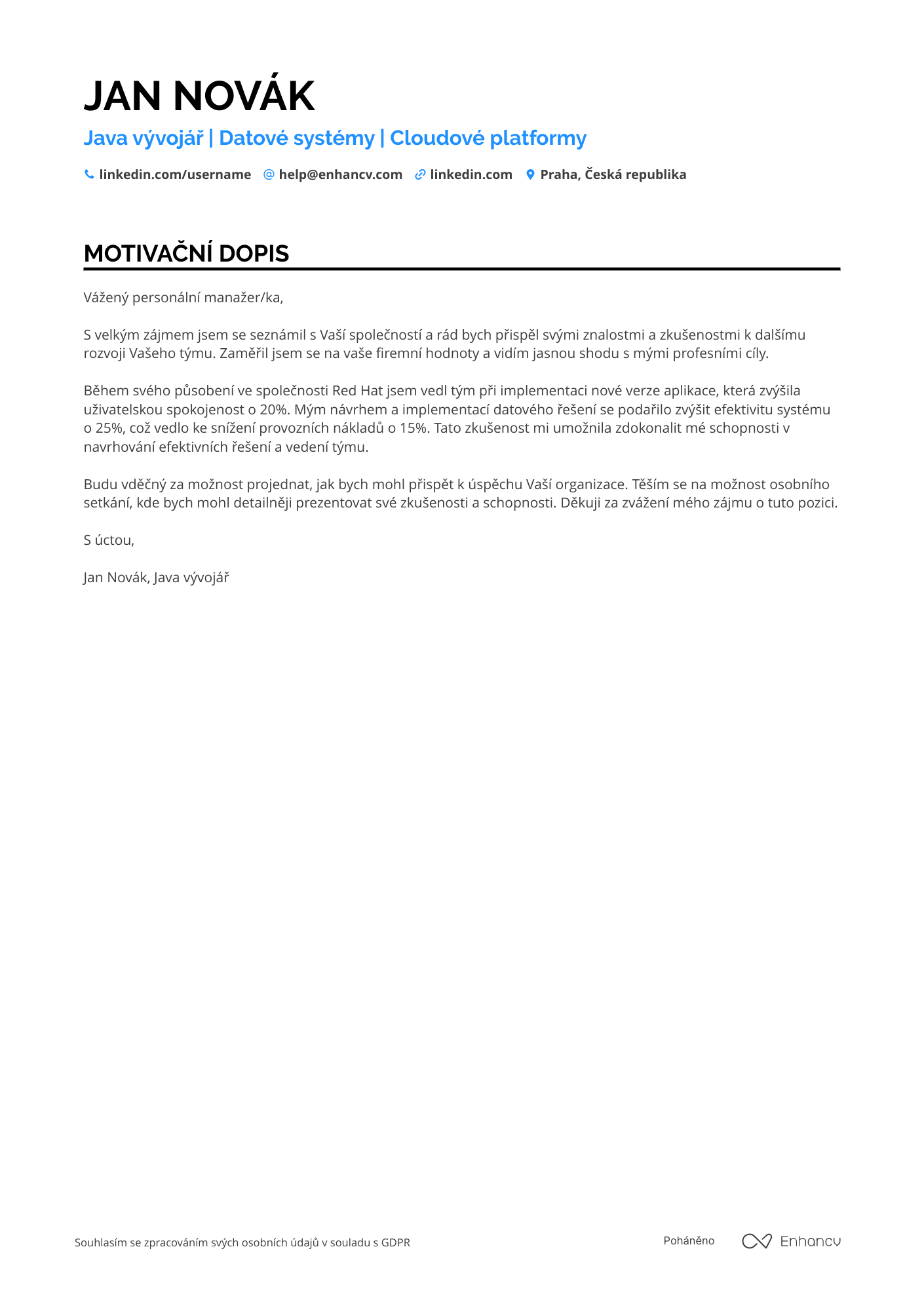 Motivační dopis pro Java vývojář datových systémů Resume Example