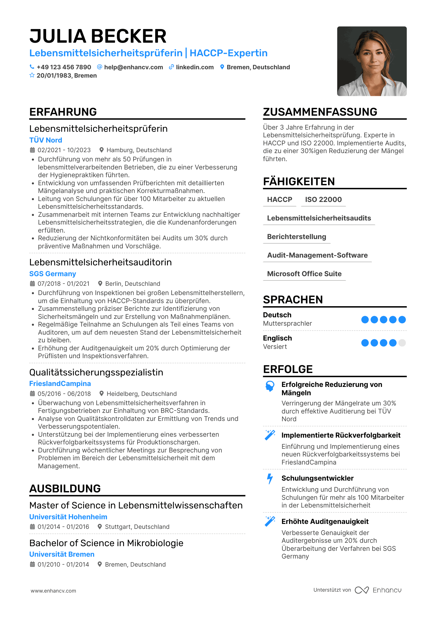 Lebenslauf in Prüfer für Lebensmittelsicherheit Resume Example