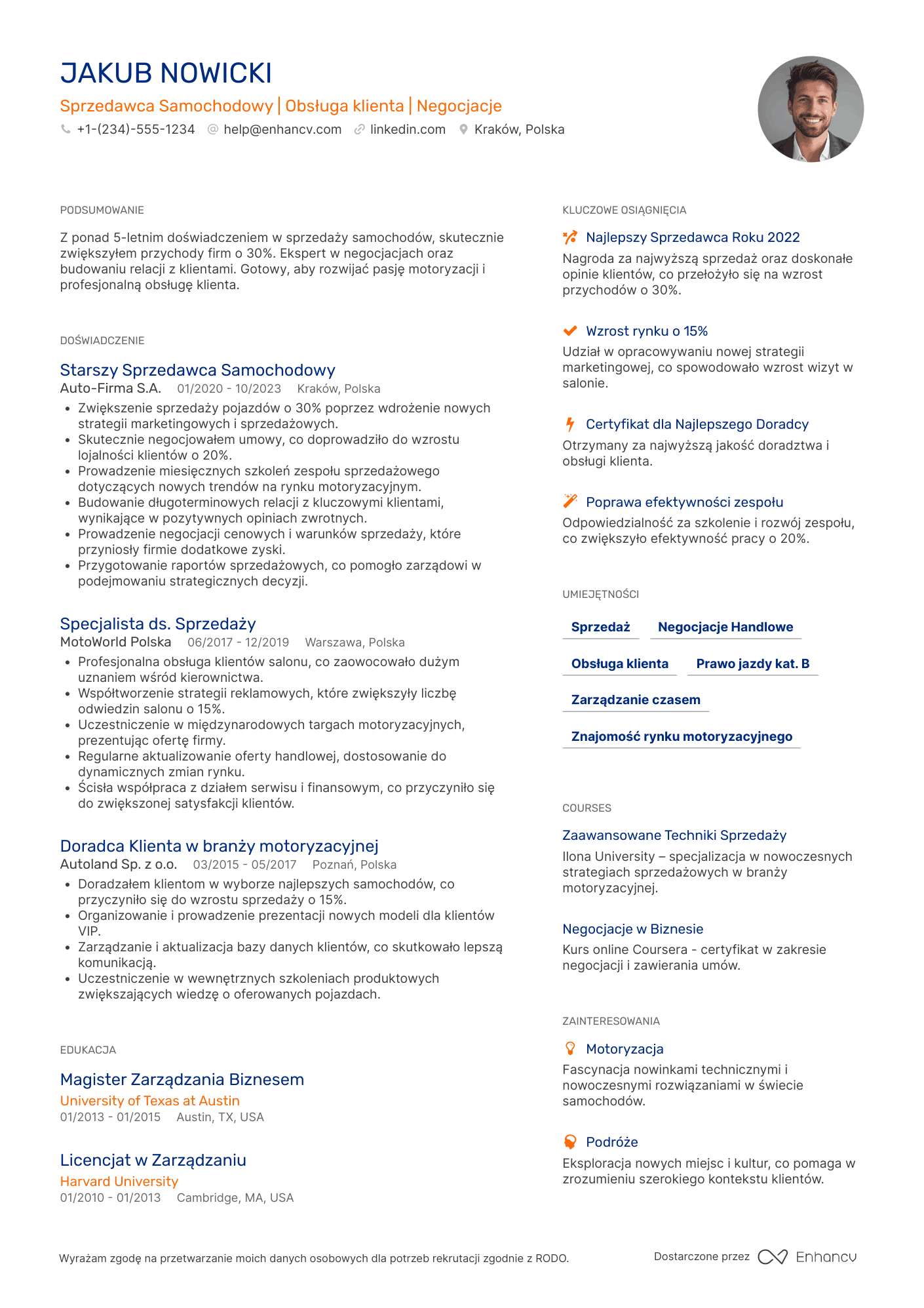 CV dla Sprzedawca Samochodowy Resume Example