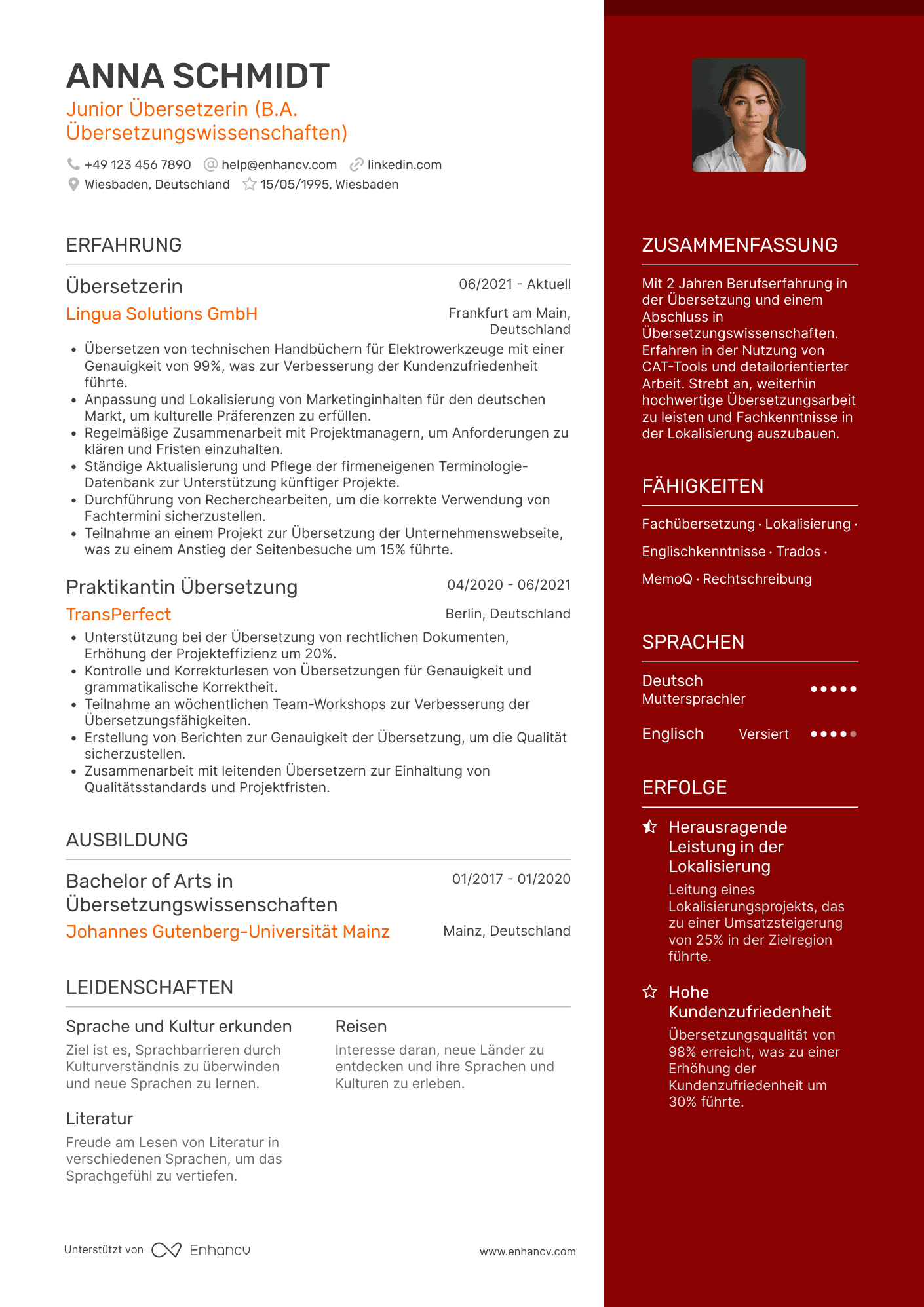 Lebenslauf als Junior Übersetzer Resume Example