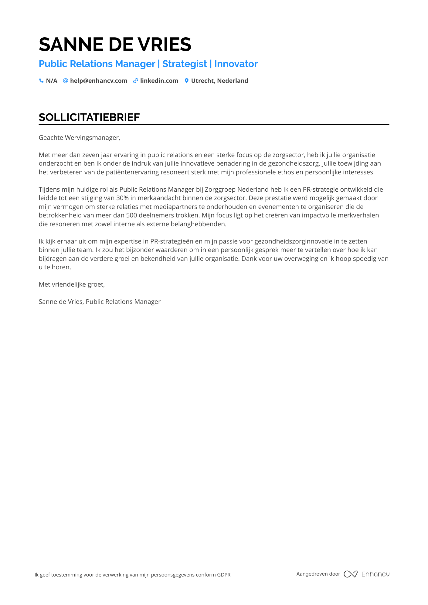 Sollicitatiebrief voor Public Relations Manager in Healthcare Resume Example