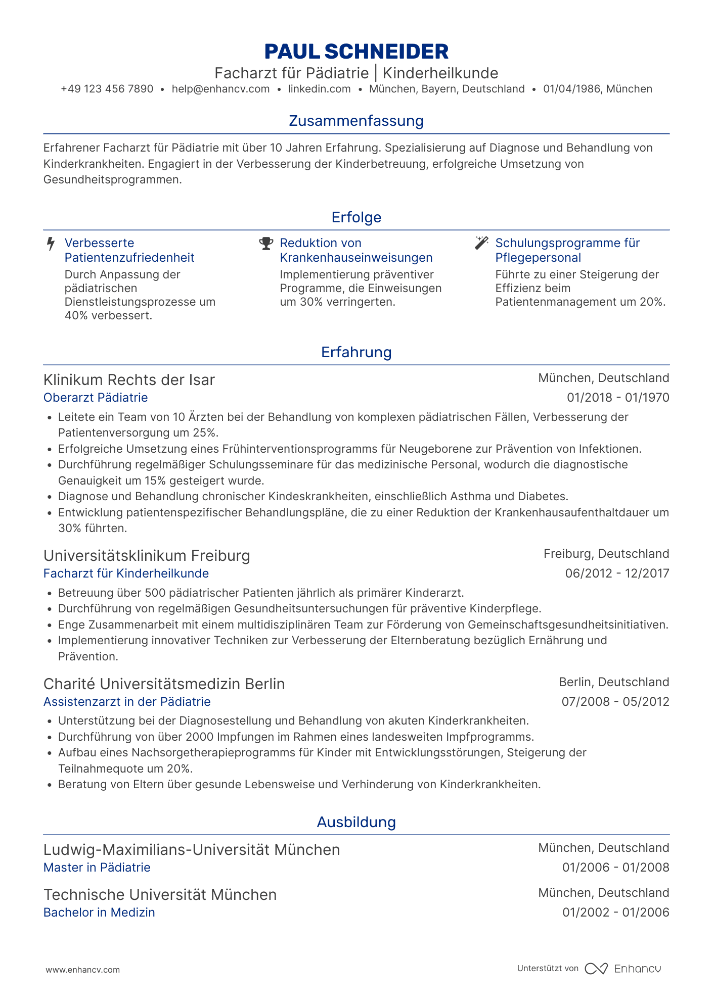Lebenslauf als Kinderarzt Resume Example