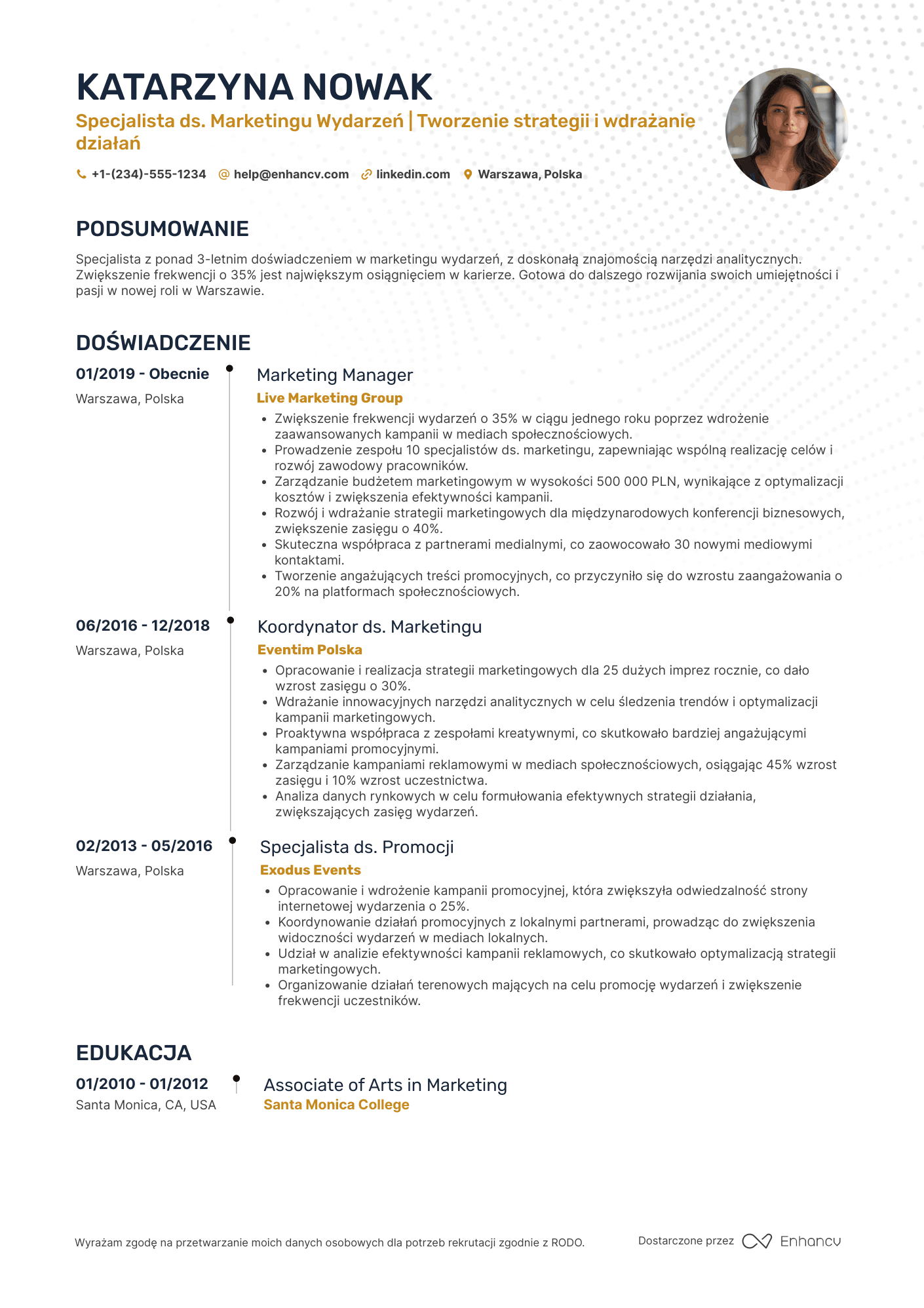 CV dla Specjalista ds. Marketingu Wydarzeń Resume Example