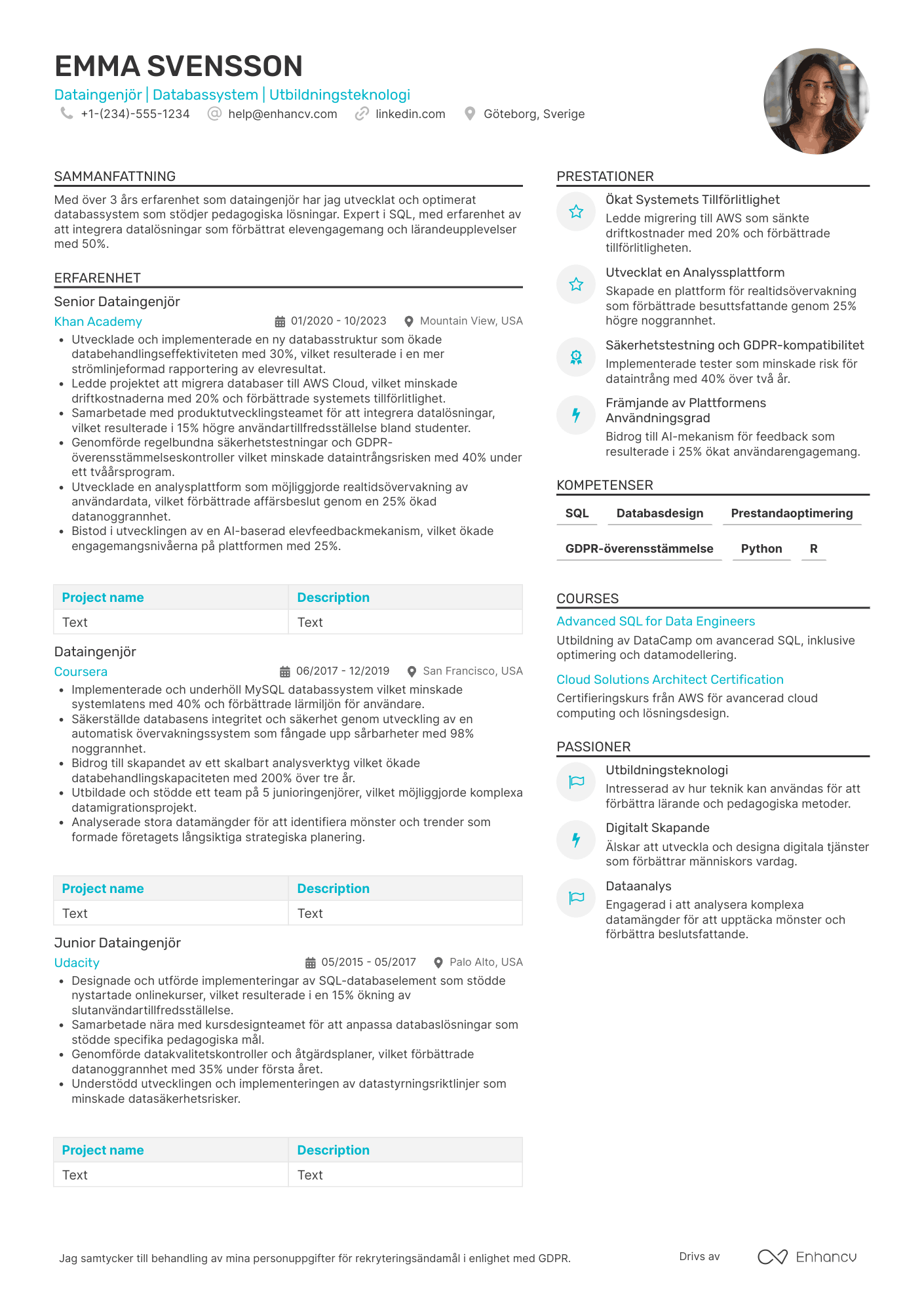 CV för Dataingenjör inom utbildning Resume Example