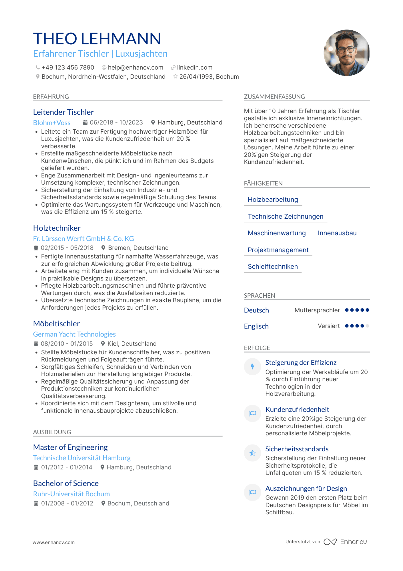 Lebenslauf in Tischler in der Schiffbauindustrie Resume Example