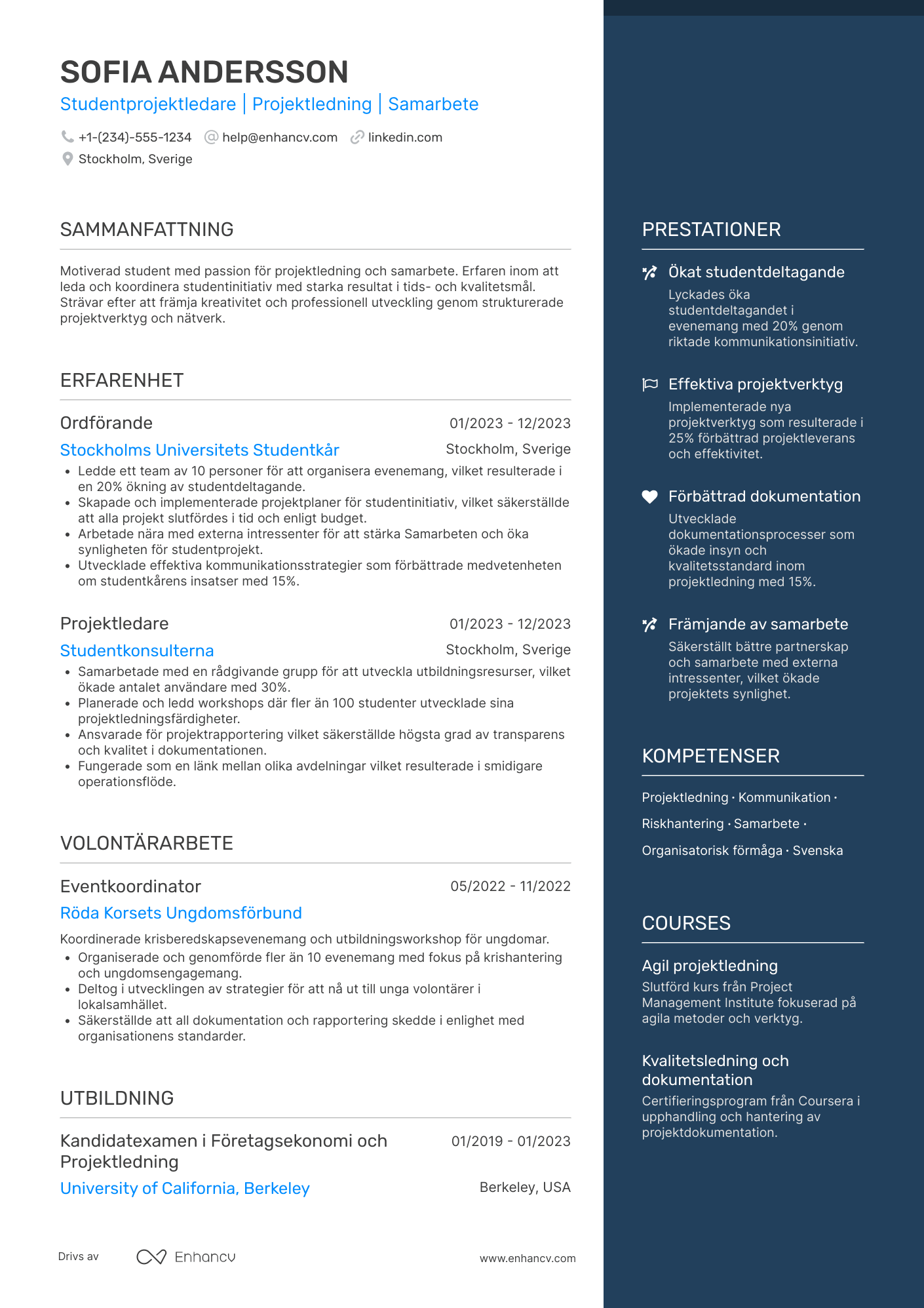 CV för Student Project Manager Resume Example