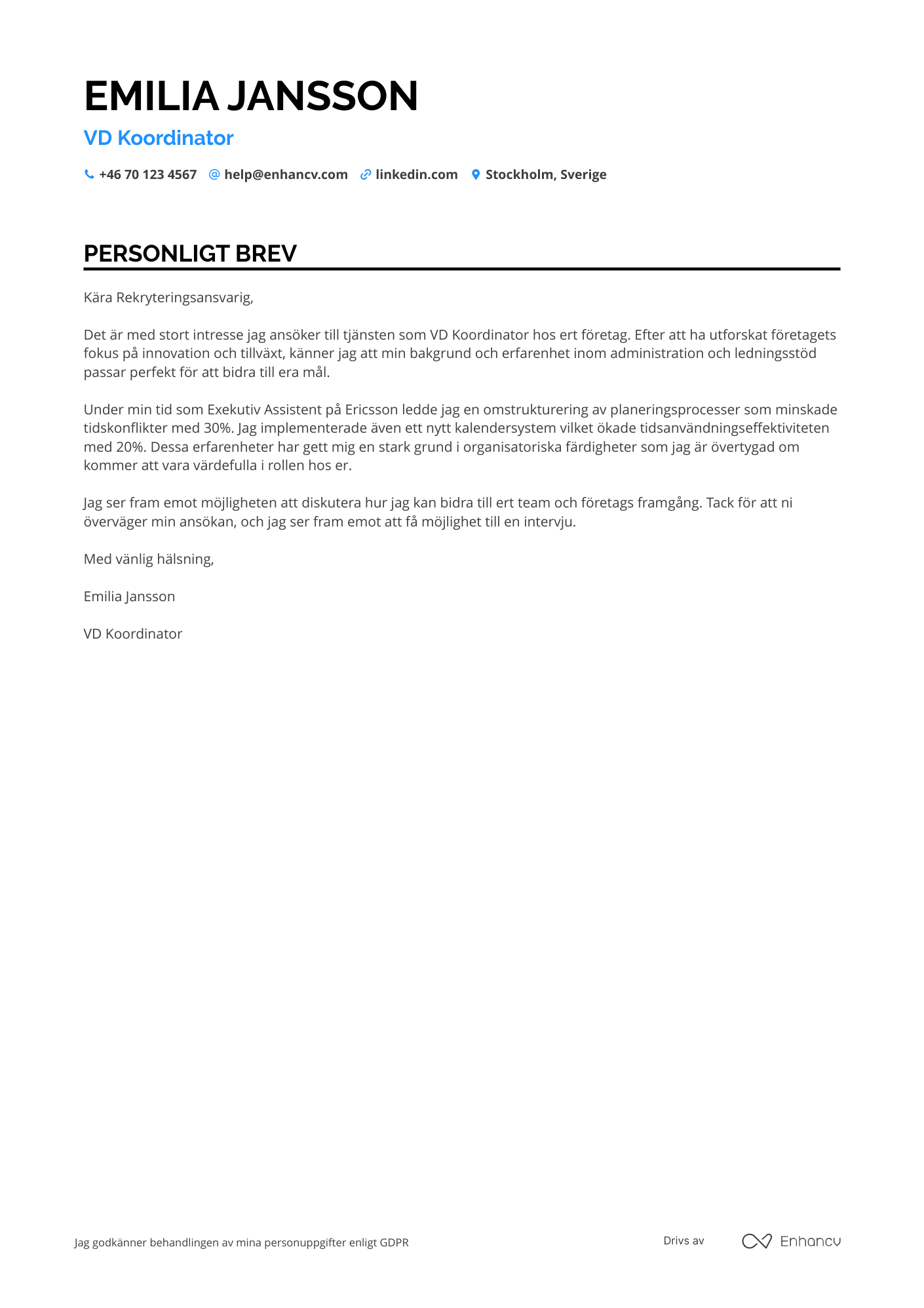Personligt brev för VD Coordinator Resume Example