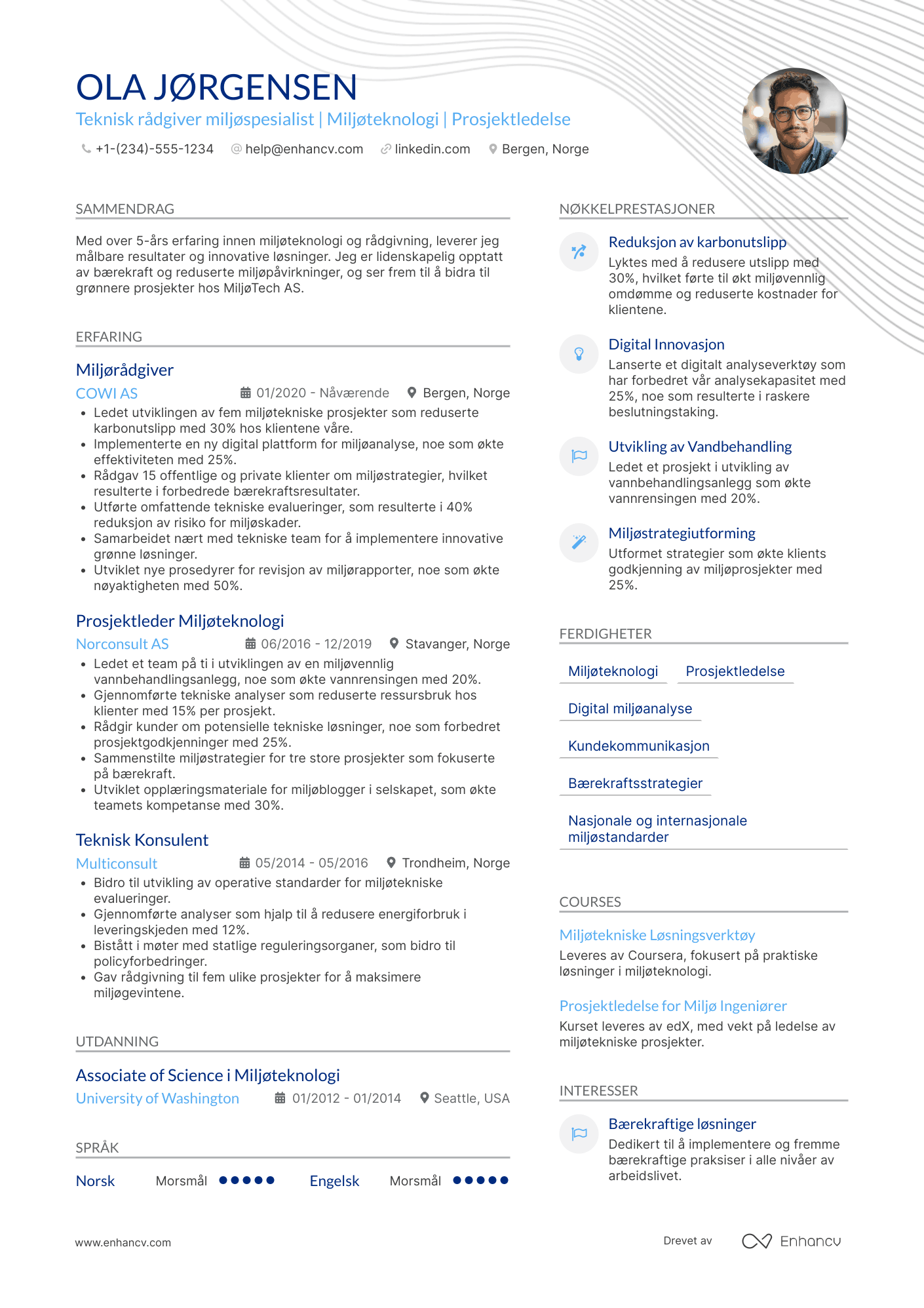 CV for Teknisk rådgiver miljøspecialist Resume Example