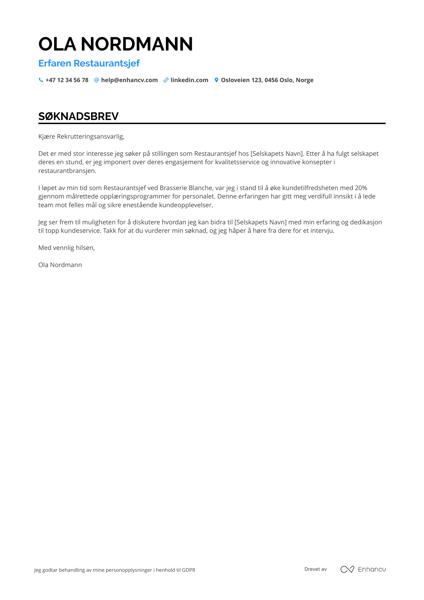 Søknadsbrev for Erfaren Restaurantsjef Resume Example