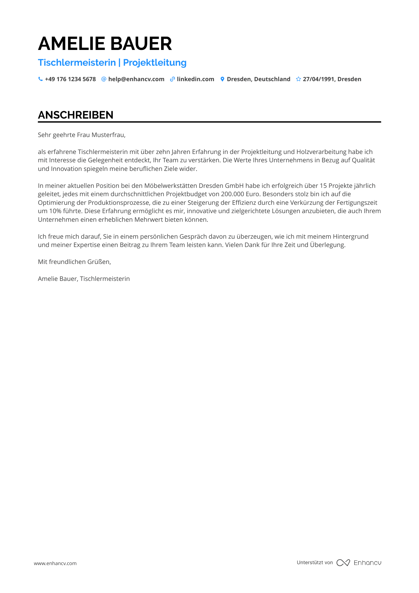Erfahrener Tischlermeister Resume Example
