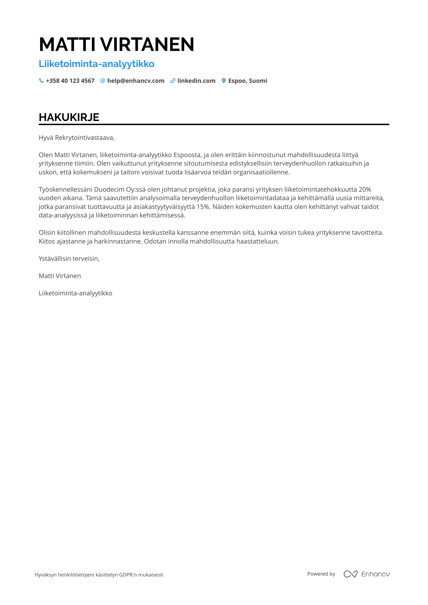 Hakukirje Liiketoiminta analyytikko – Terveydenhuolto Resume Example